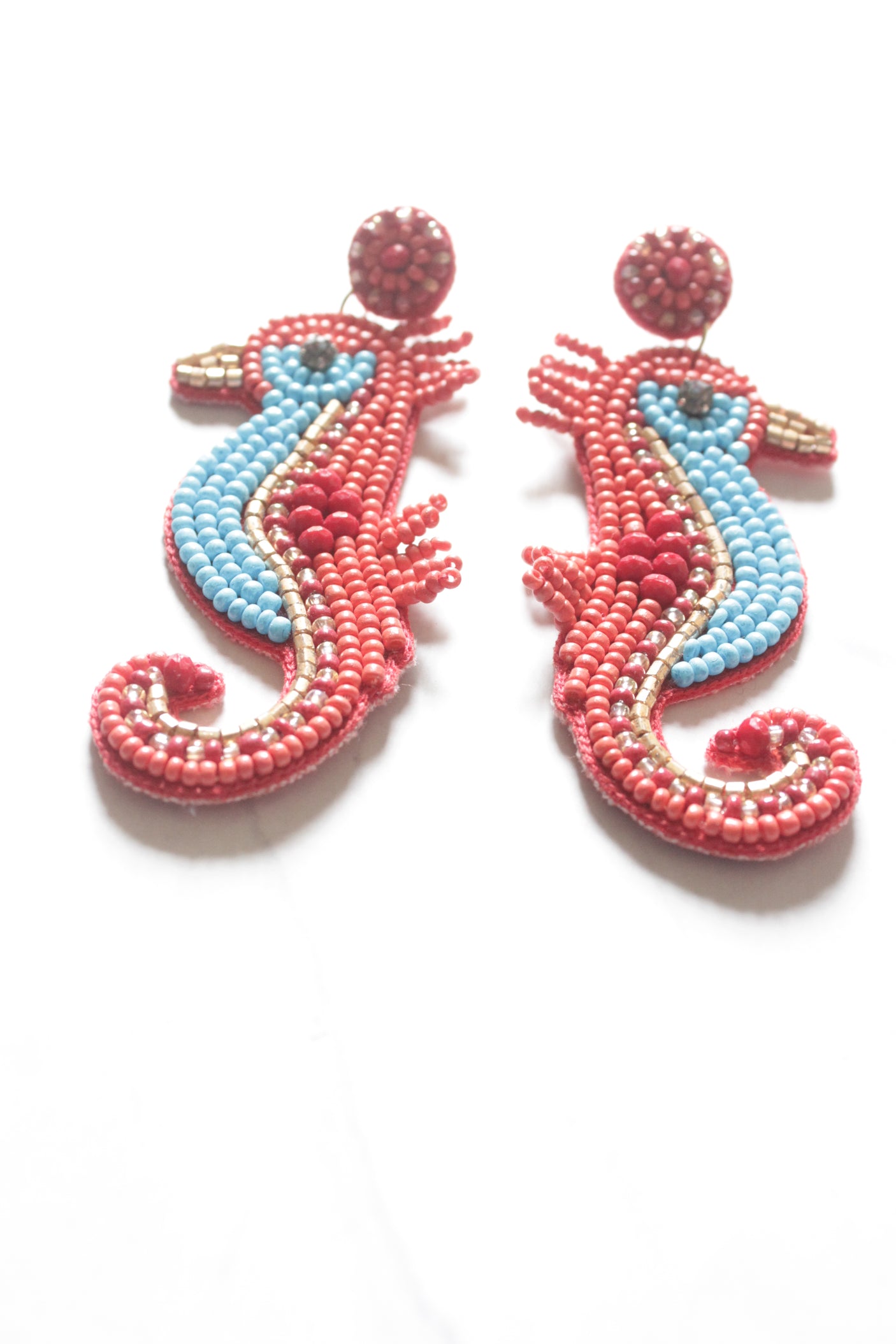 Blue and Red Beads Bird Shape Handmade Earrings
