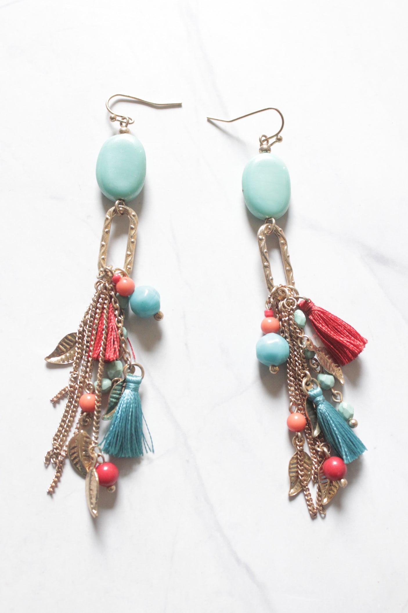 Gold Metal Chain Strings and Pom Pom Dangler Earrings