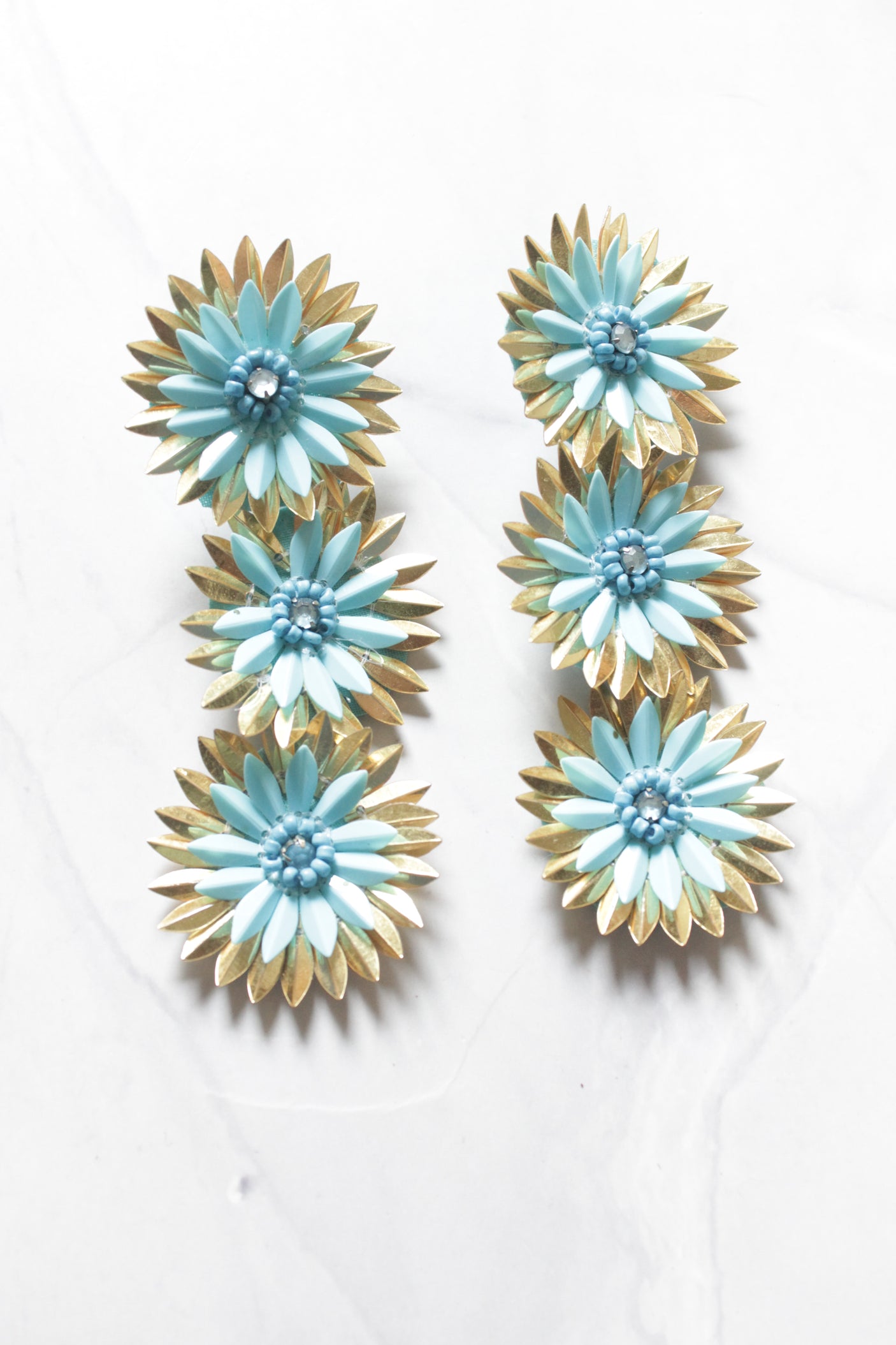 Blue and Gold 3 Layer Flower Earrings