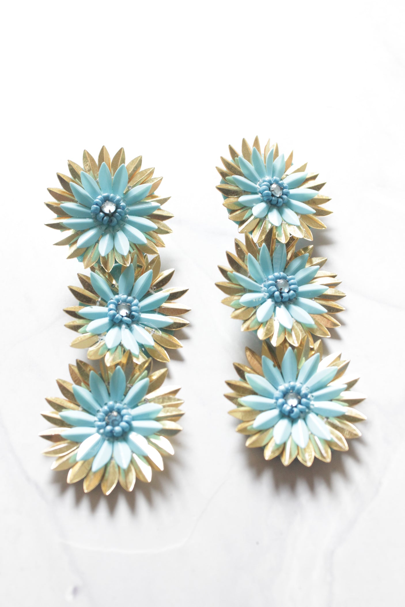 Blue and Gold 3 Layer Flower Earrings