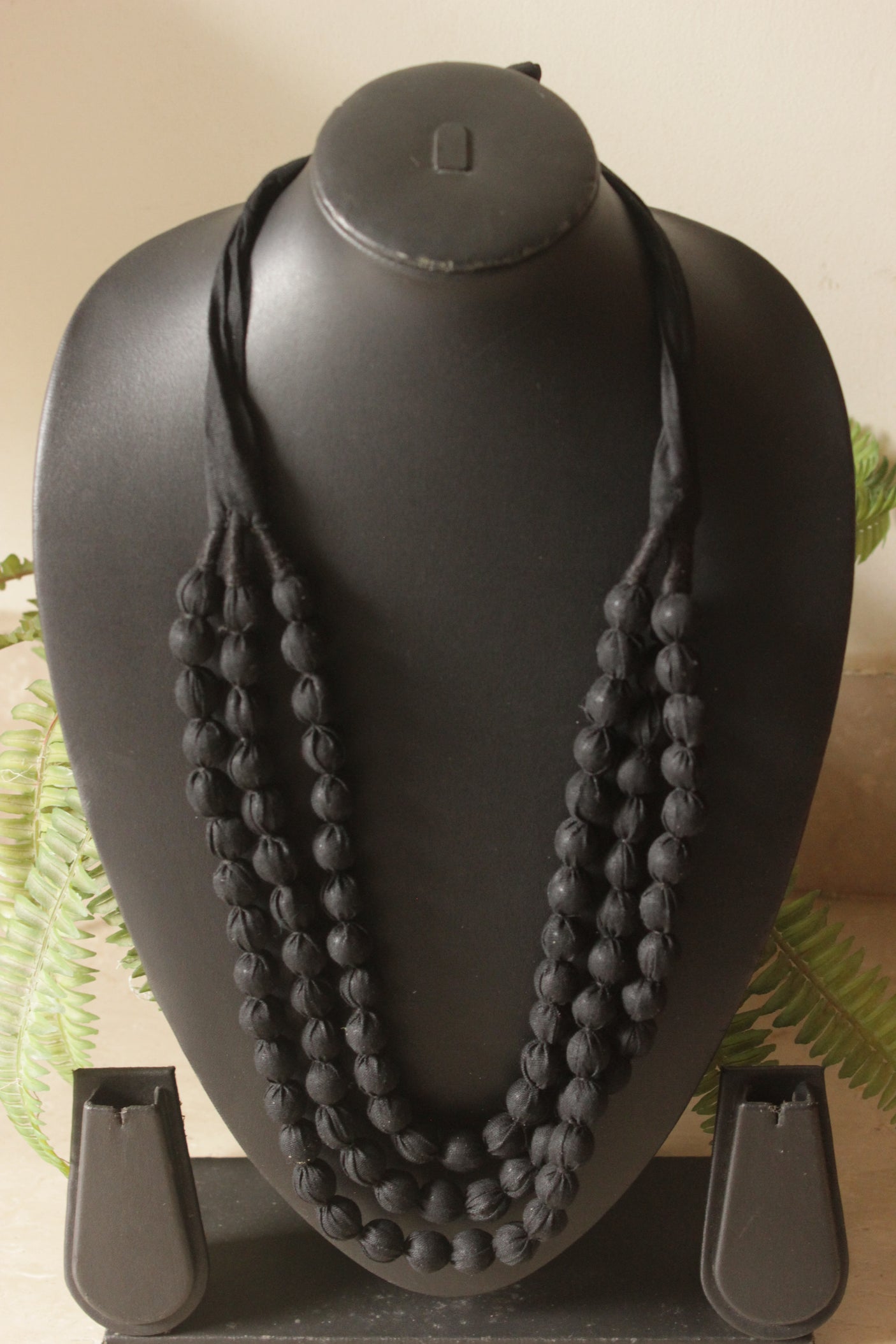 Black Fabric Beads 3 Layer Handmade Necklace