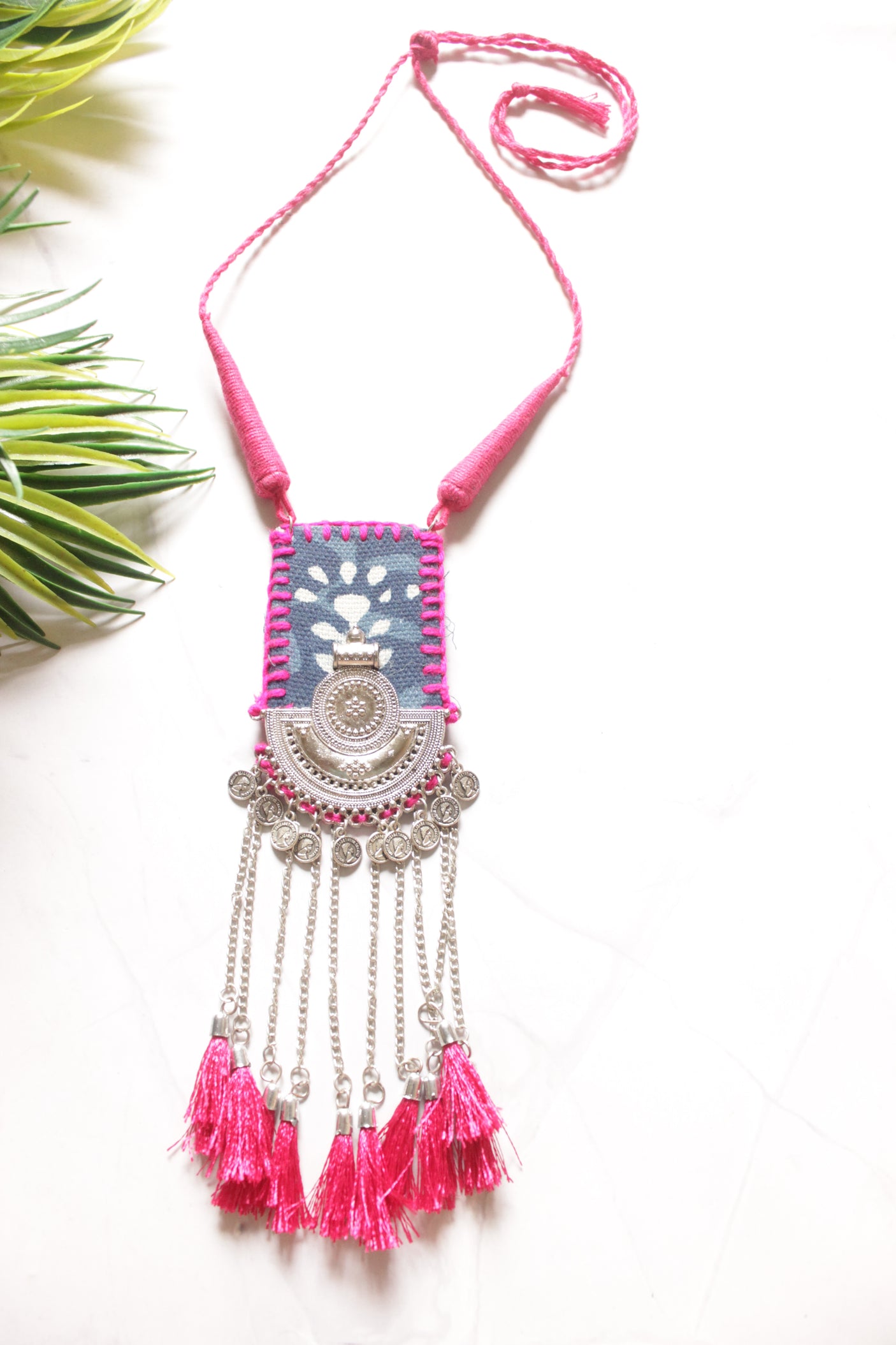 Indigo and Pink Vibrant Handmade Necklace with Metal Chain Strings