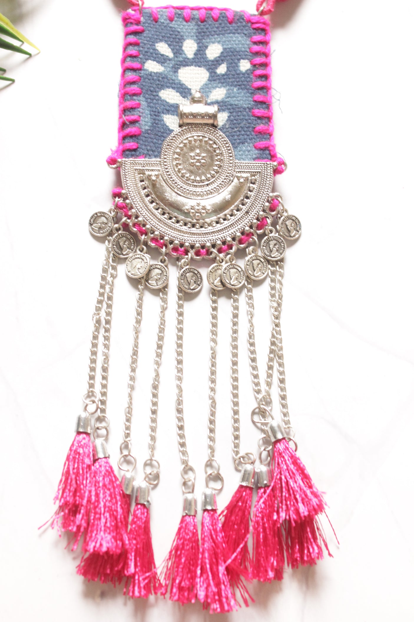 Indigo and Pink Vibrant Handmade Necklace with Metal Chain Strings