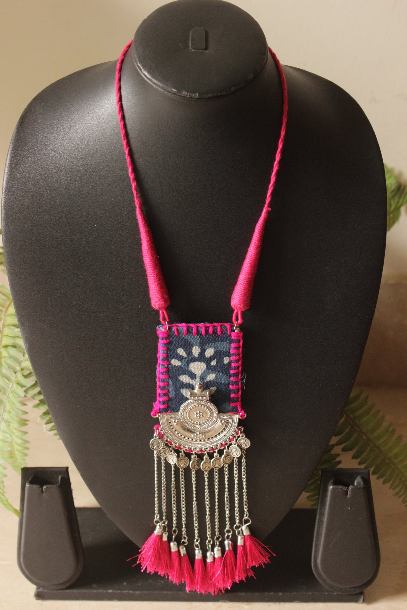 Indigo and Pink Vibrant Handmade Necklace with Metal Chain Strings