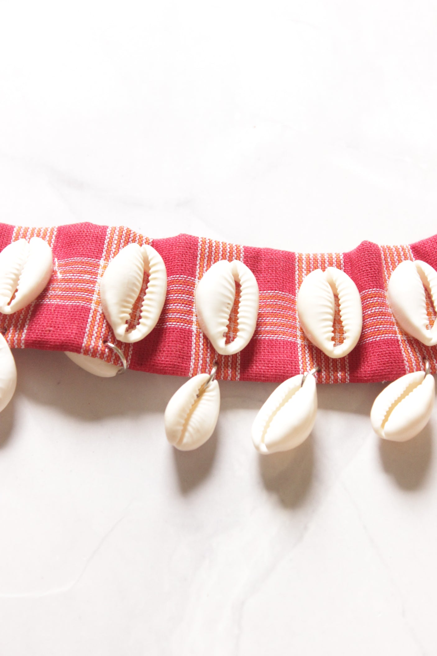 Red Checks Fabric Adjustable Length Shell Work Choker Necklace Set