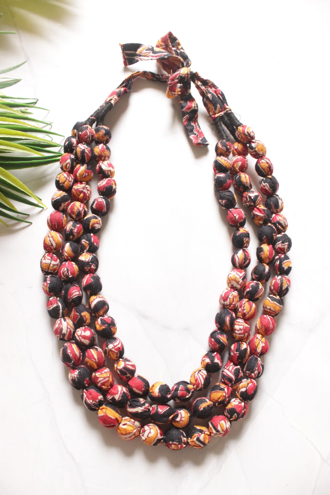 Black and Red Kalamkari Fabric Beads 3 Layer Necklace