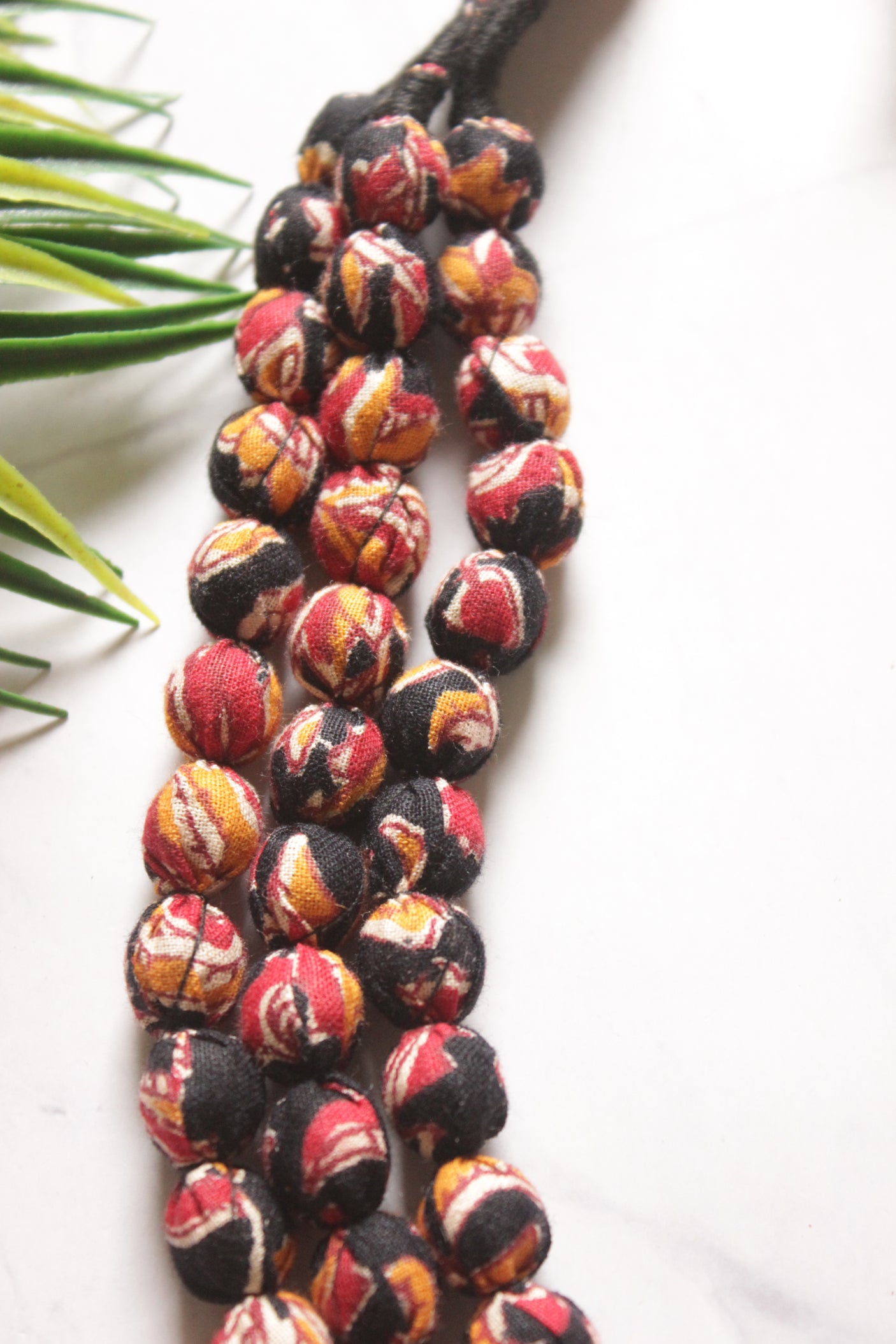 Black and Red Kalamkari Fabric Beads 3 Layer Necklace
