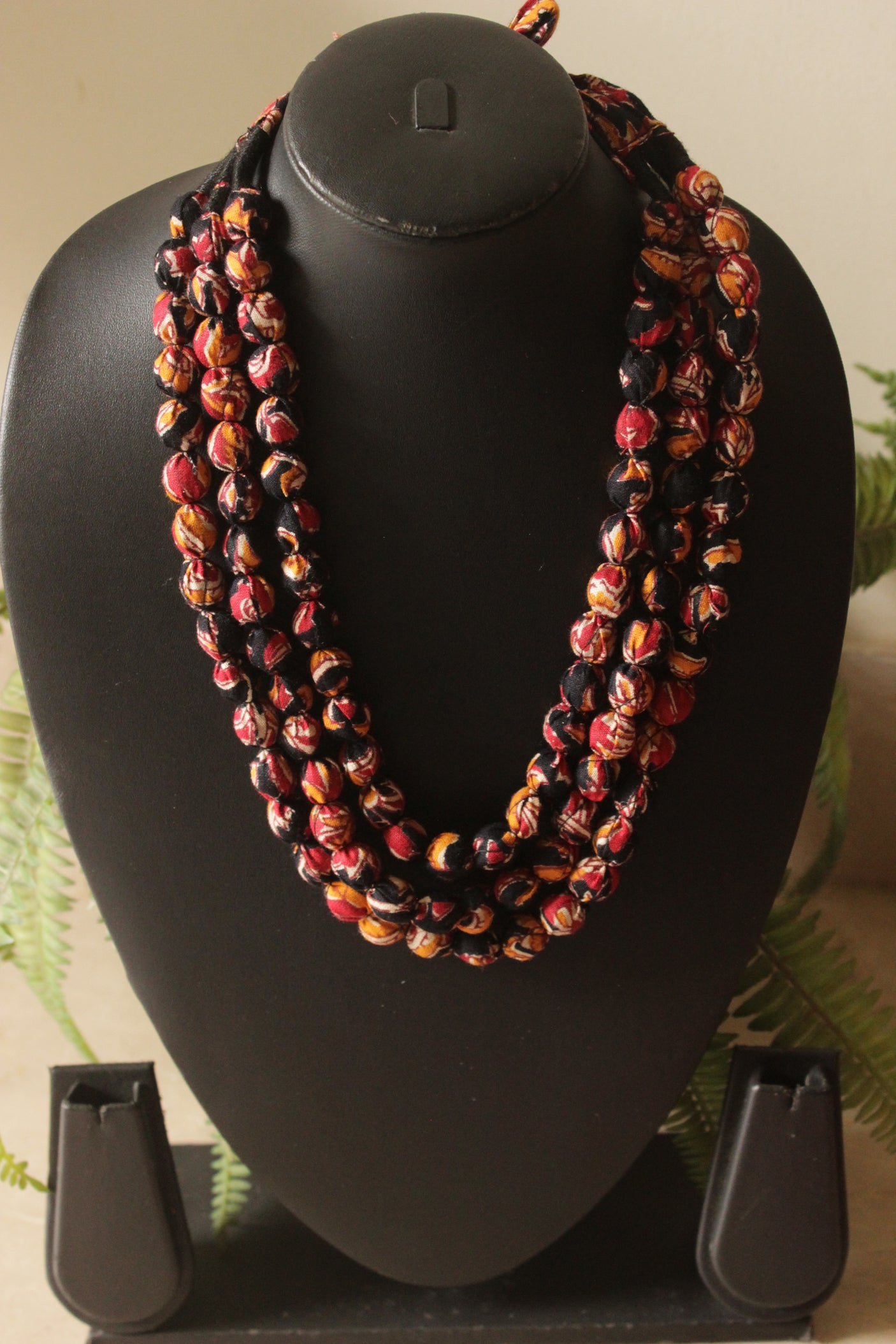 Black and Red Kalamkari Fabric Beads 3 Layer Necklace