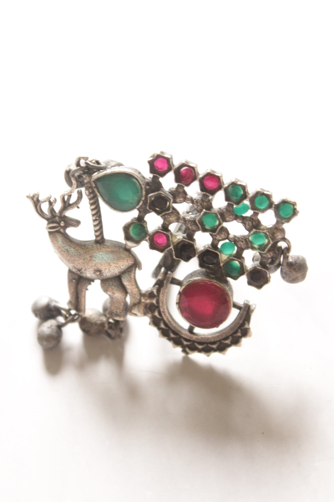 Ruby and Green Stone Oxidised Finish Adjustable Statement Cocktail Ring