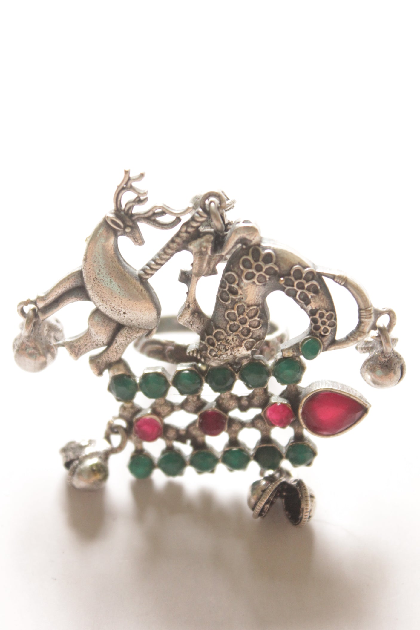 Ruby and Green Stone Oxidised Finish Adjustable Statement Cocktail Ring