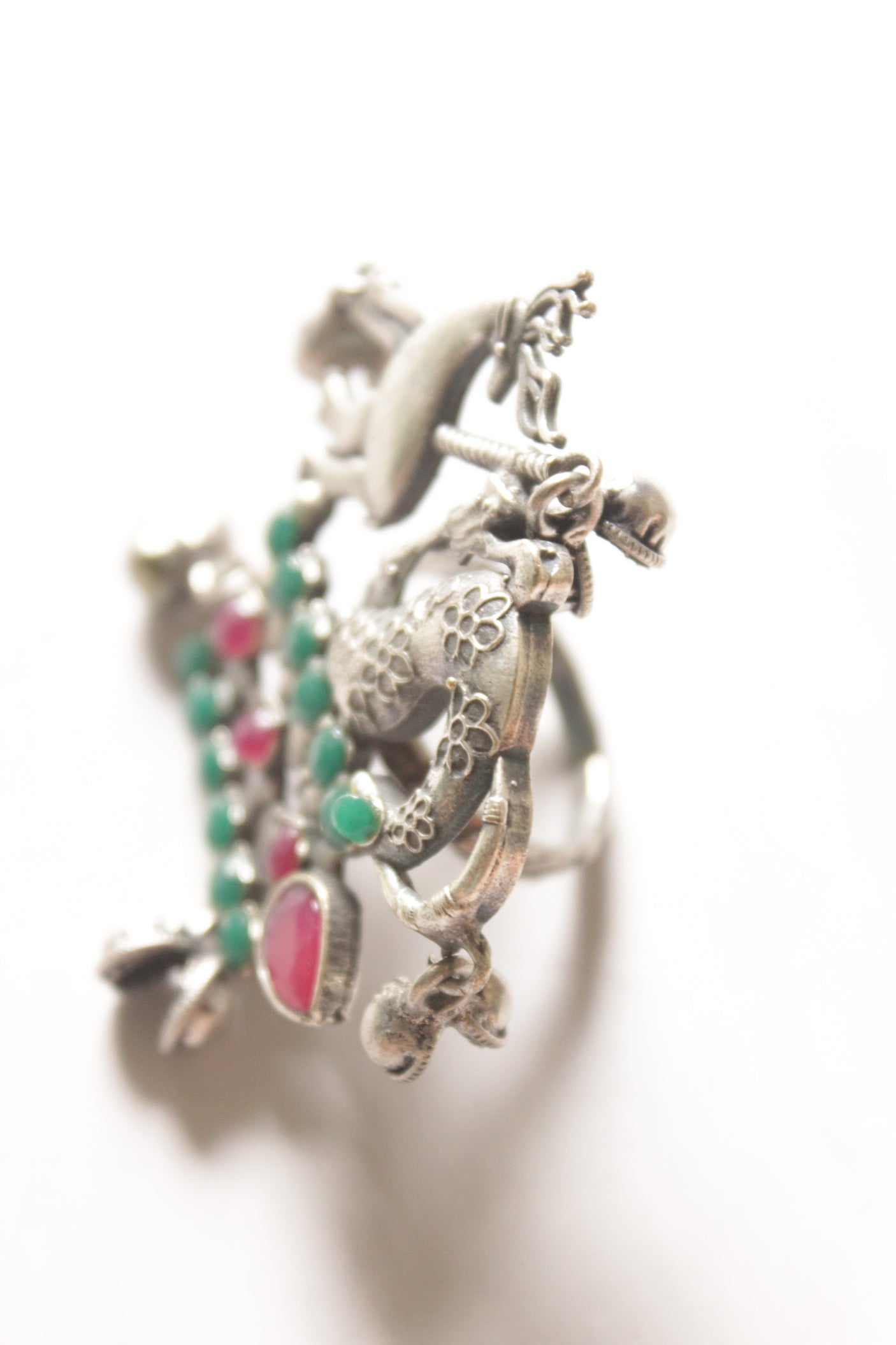 Ruby and Green Stone Oxidised Finish Adjustable Statement Cocktail Ring