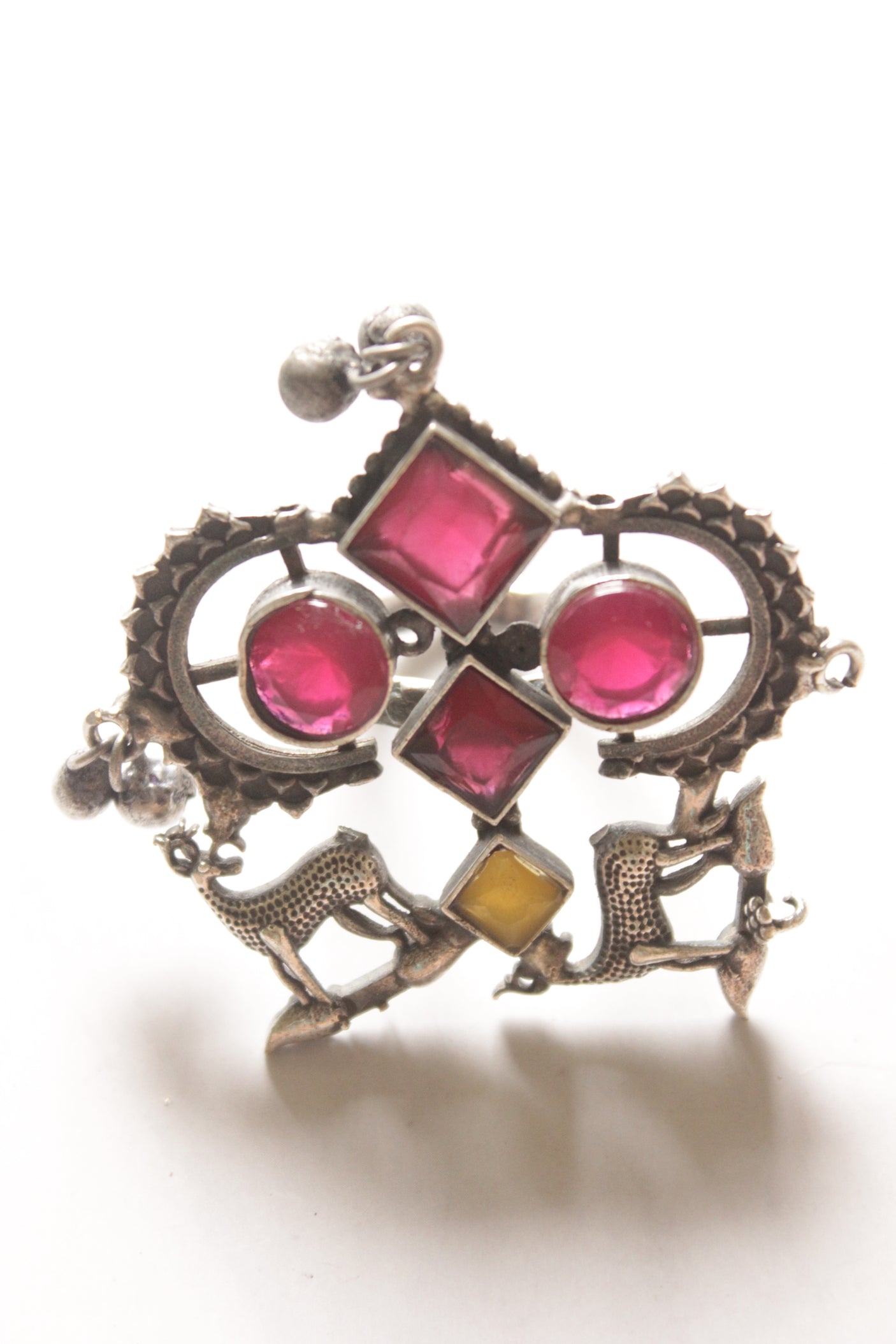 Ruby and Yellow Stone Oxidised Finish Adjustable Statement Cocktail Ring