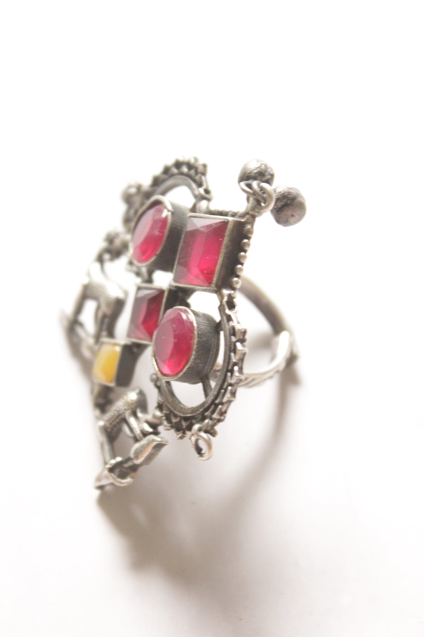 Ruby and Yellow Stone Oxidised Finish Adjustable Statement Cocktail Ring