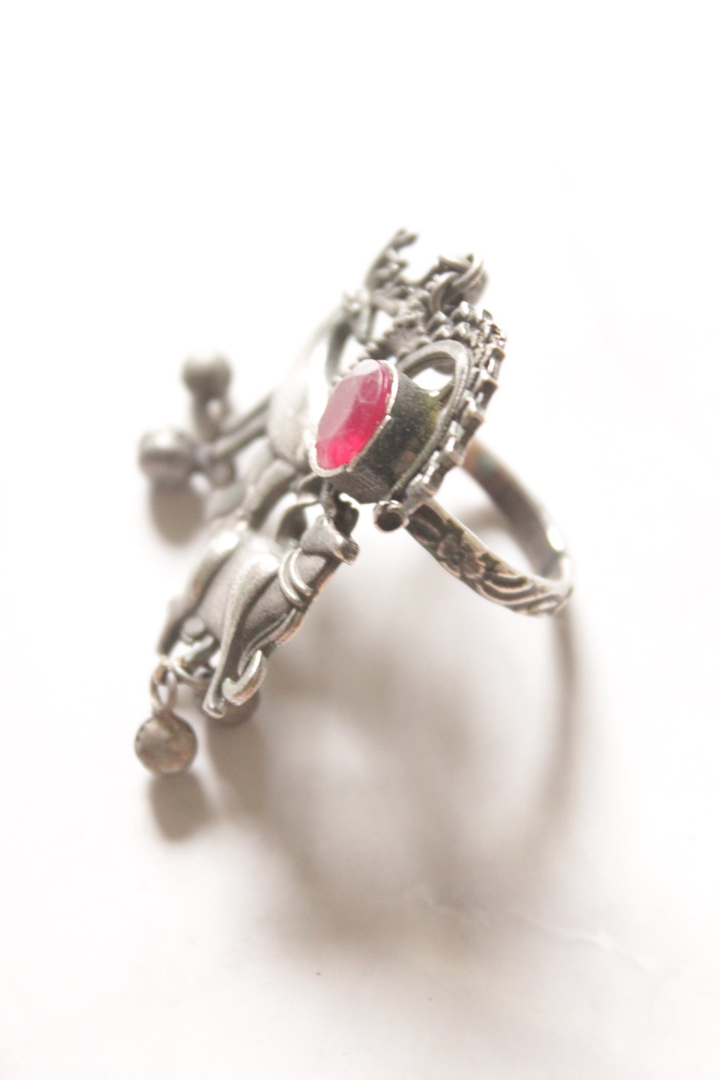 Ruby Stone Oxidised Finish Adjustable Statement Cocktail Ring