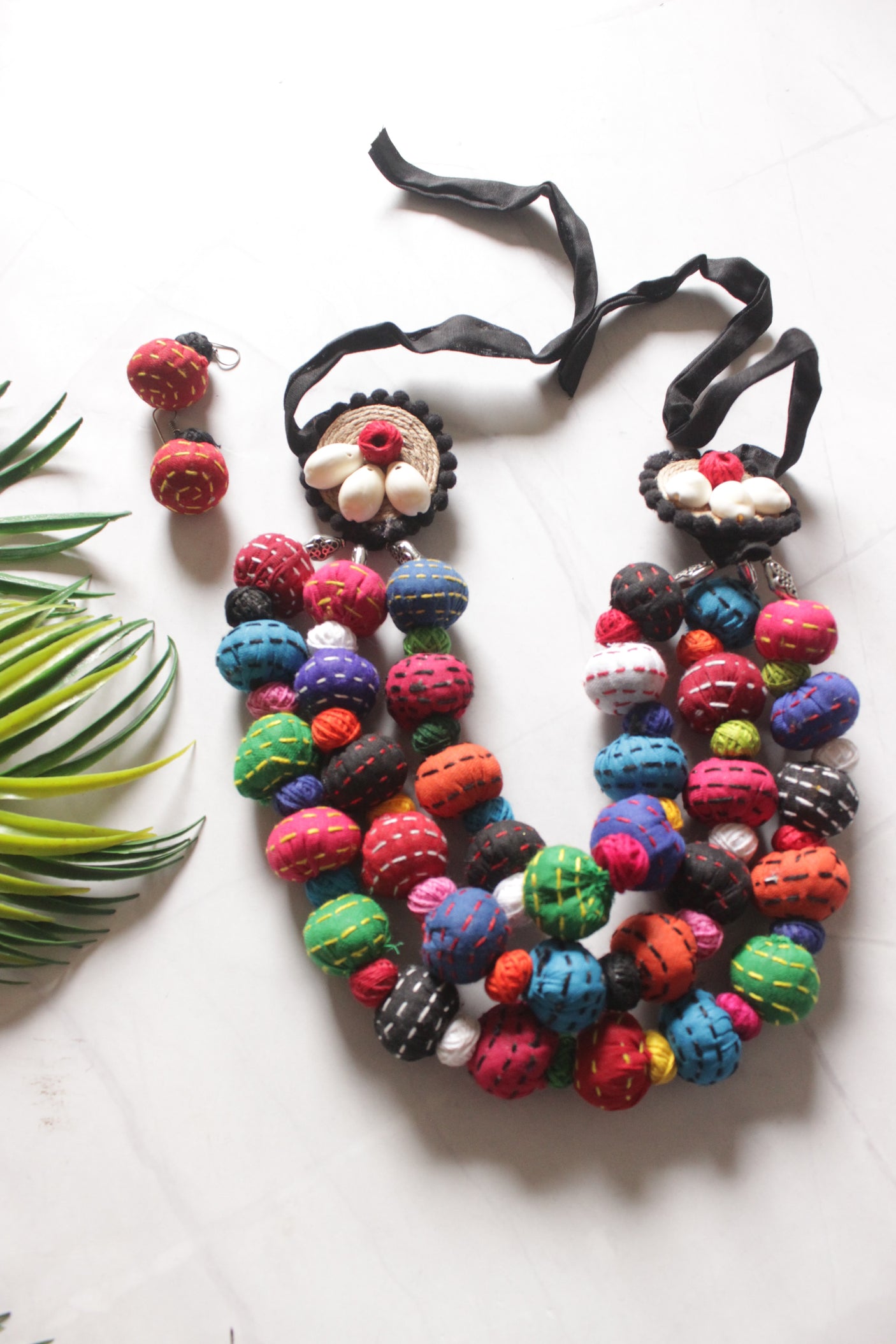 Upcycled Fabric Kantha Embroidered Handmade Necklace Set with Cowrie Details