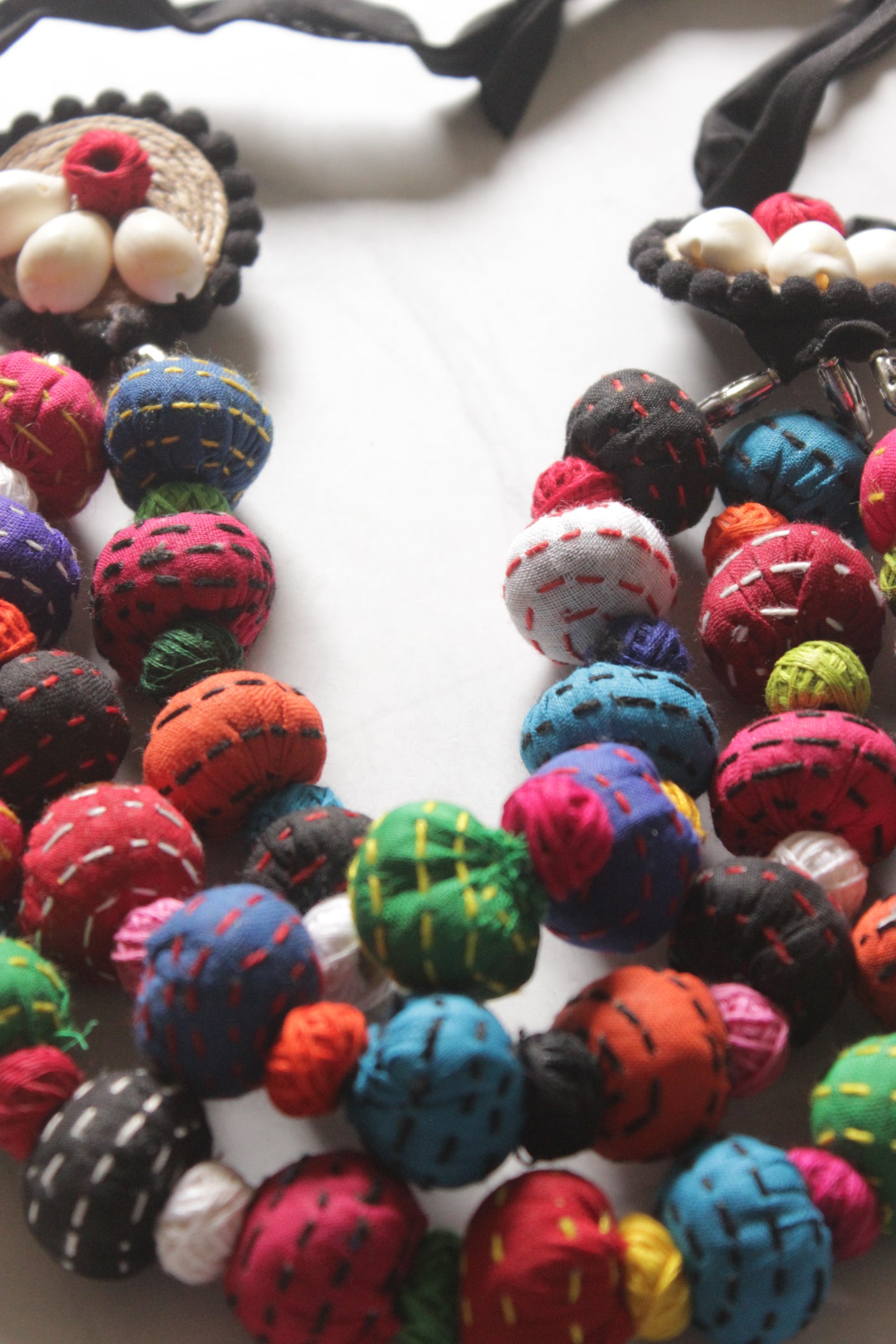 Upcycled Fabric Kantha Embroidered Handmade Necklace Set with Cowrie Details