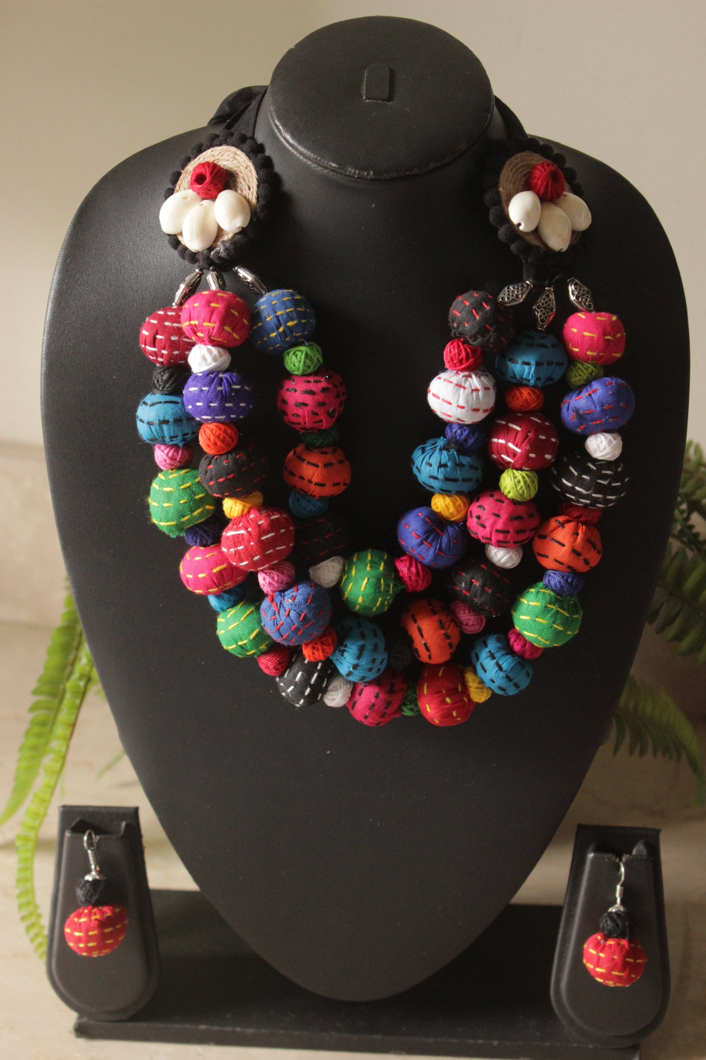 Upcycled Fabric Kantha Embroidered Handmade Necklace Set with Cowrie Details