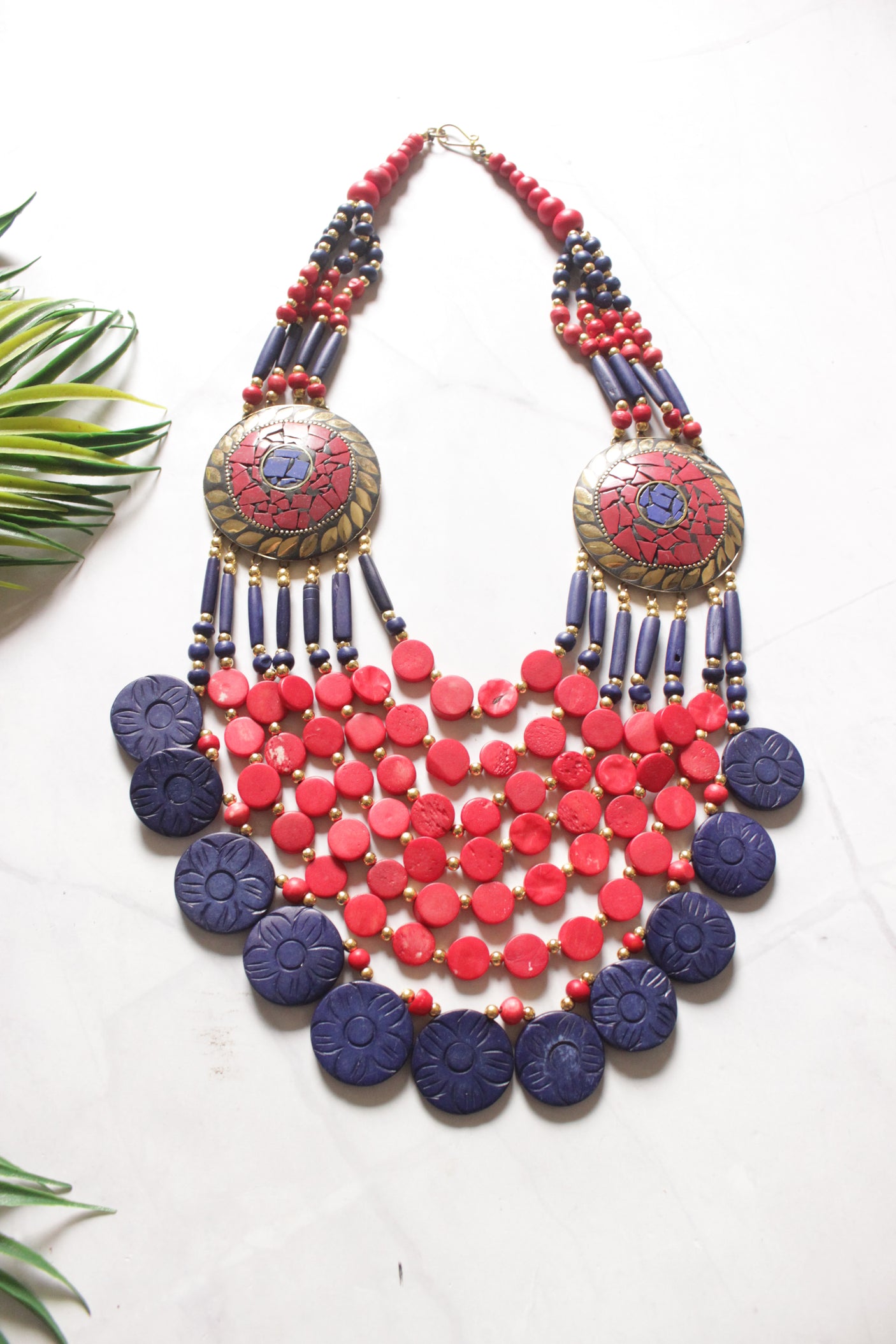 Red and Blue Bone Beads Handcrafted Multi-Layer African Tribal Necklace