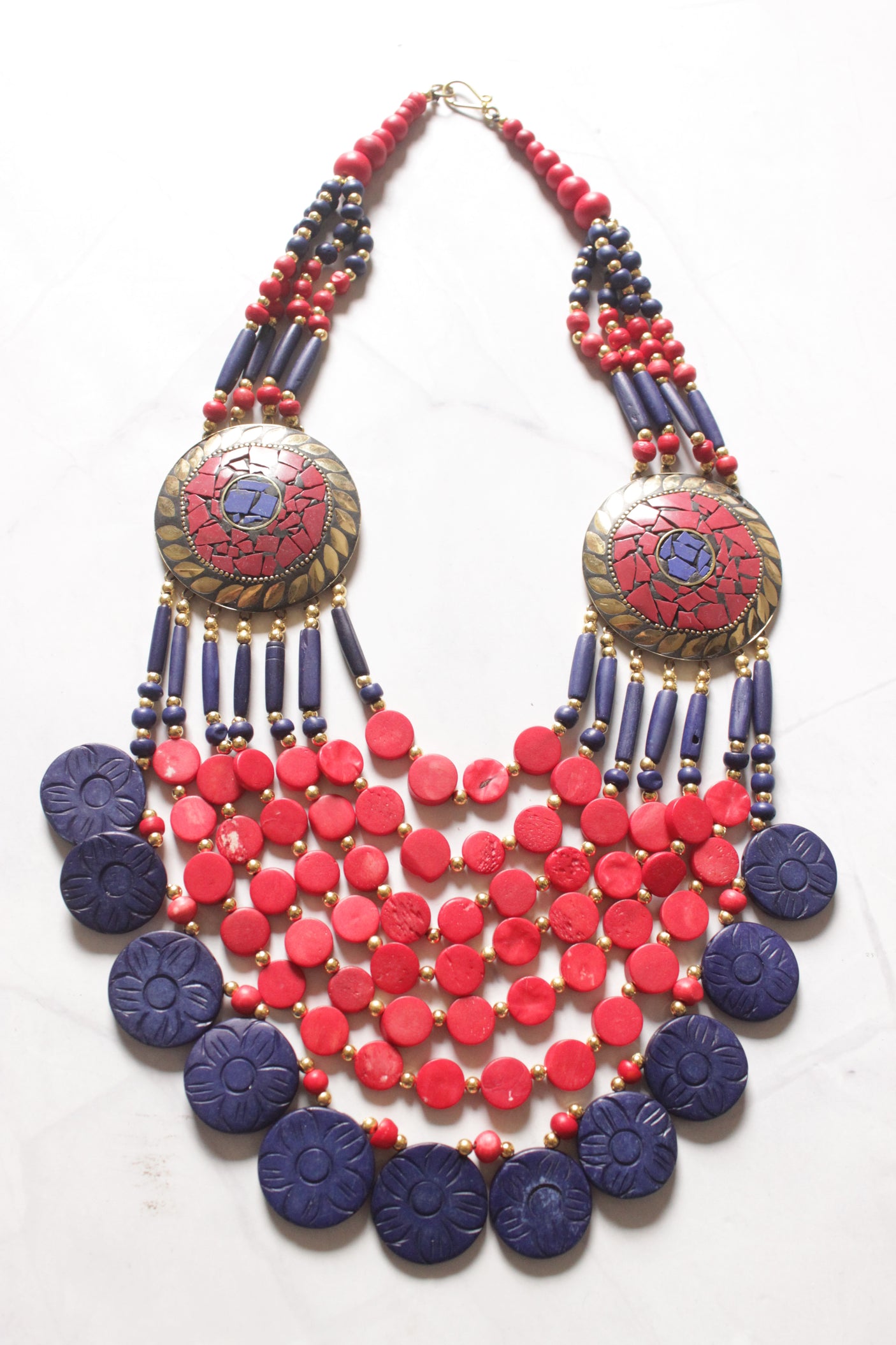 Red and Blue Bone Beads Handcrafted Multi-Layer African Tribal Necklace