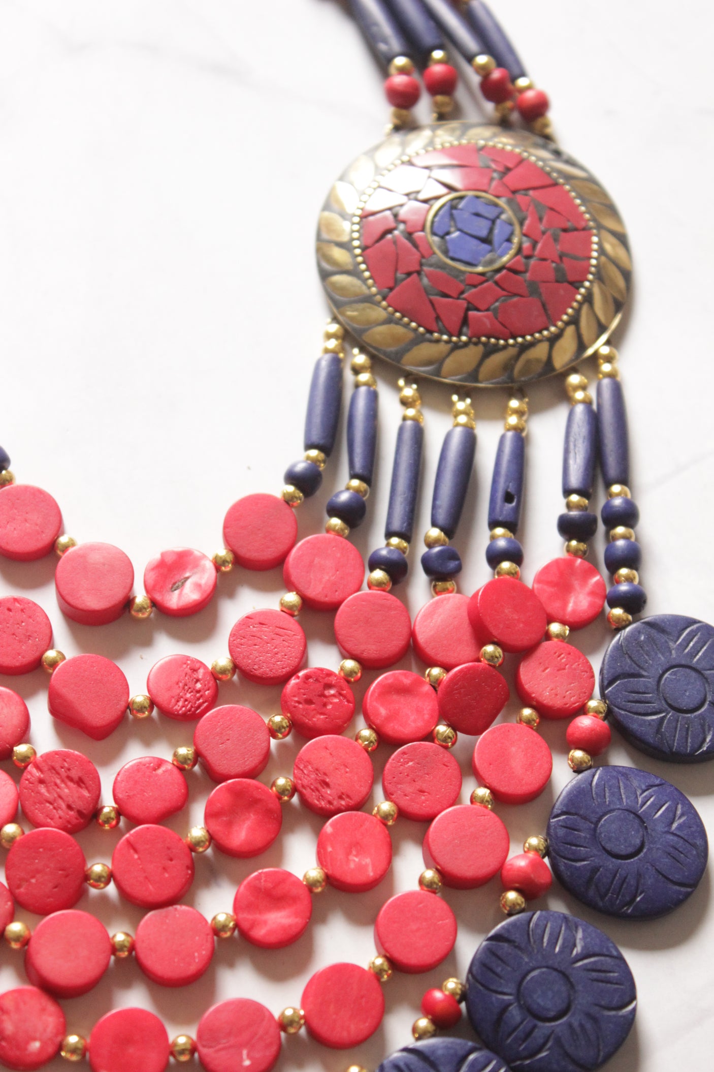 Red and Blue Bone Beads Handcrafted Multi-Layer African Tribal Necklace