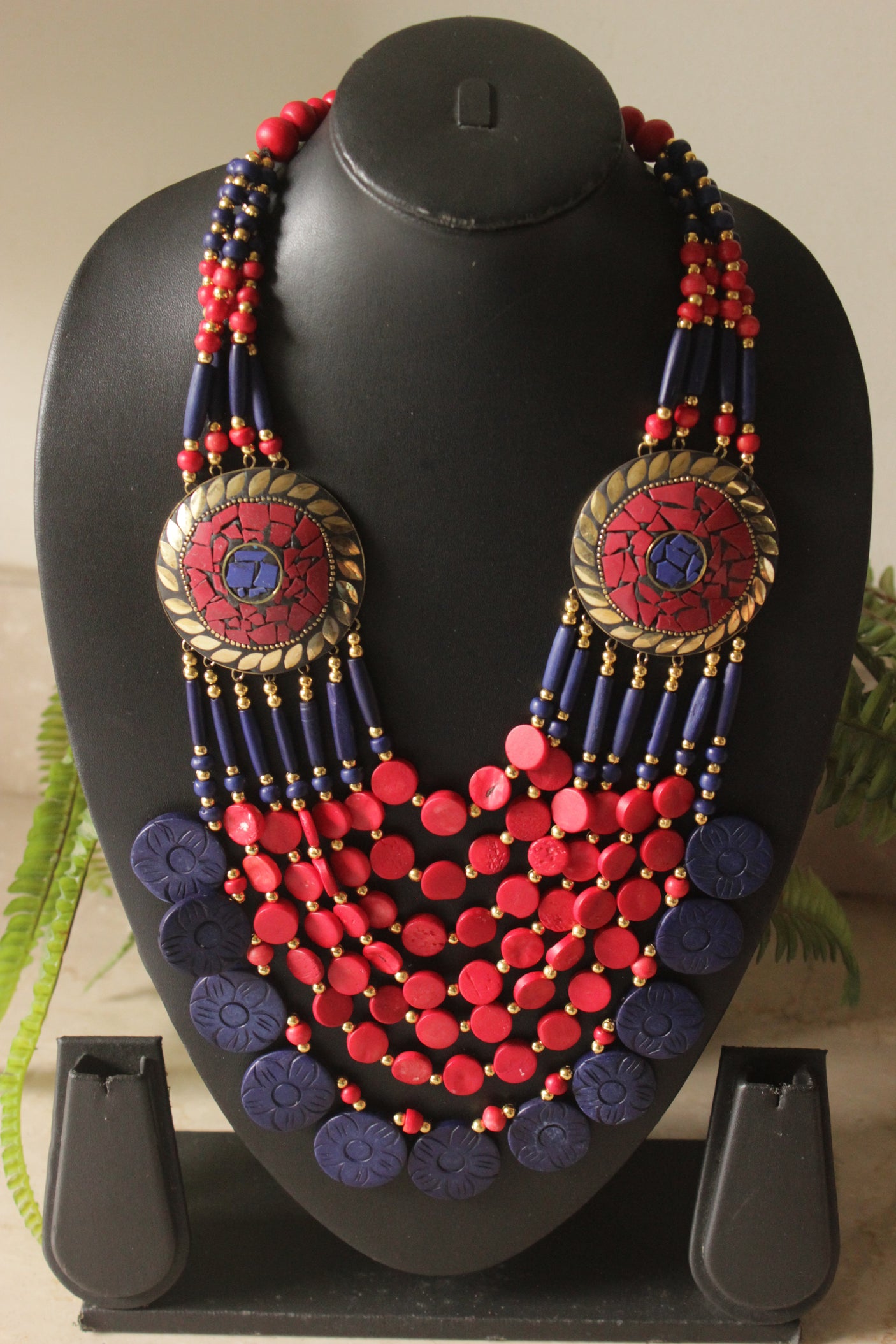 Red and Blue Bone Beads Handcrafted Multi-Layer African Tribal Necklace