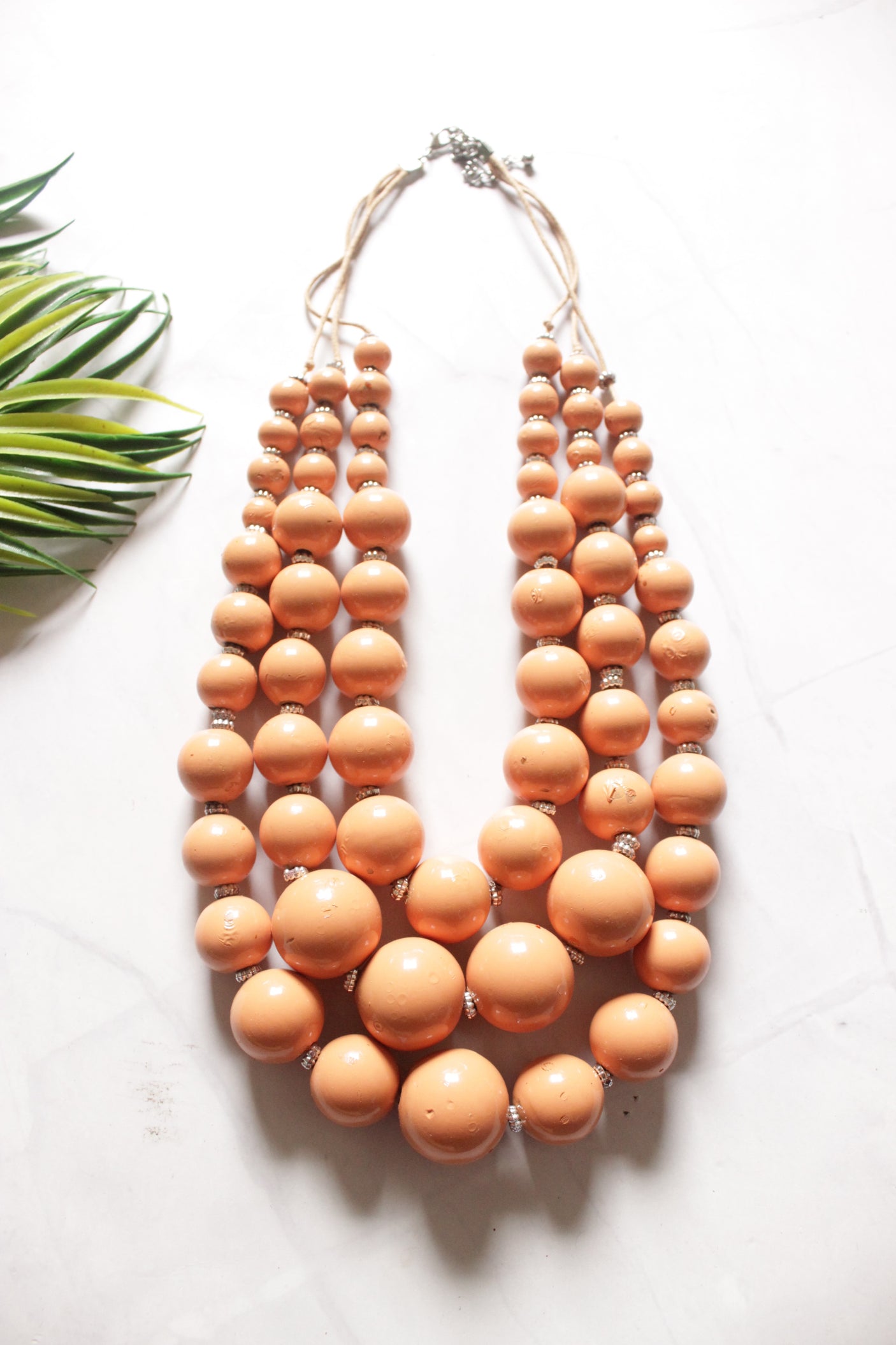 Peach Wooden Beads 3 Layer Necklace
