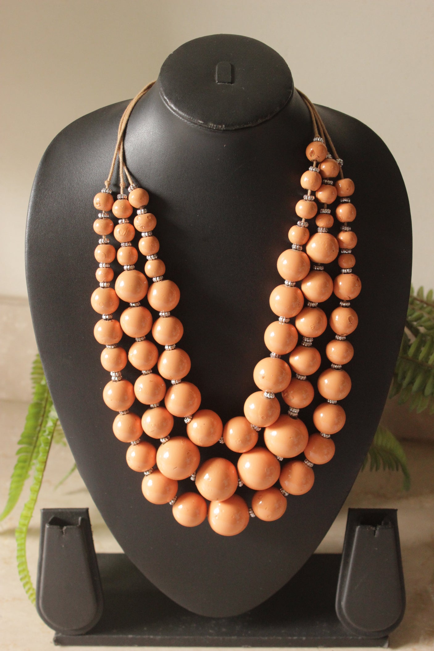 Peach Wooden Beads 3 Layer Necklace