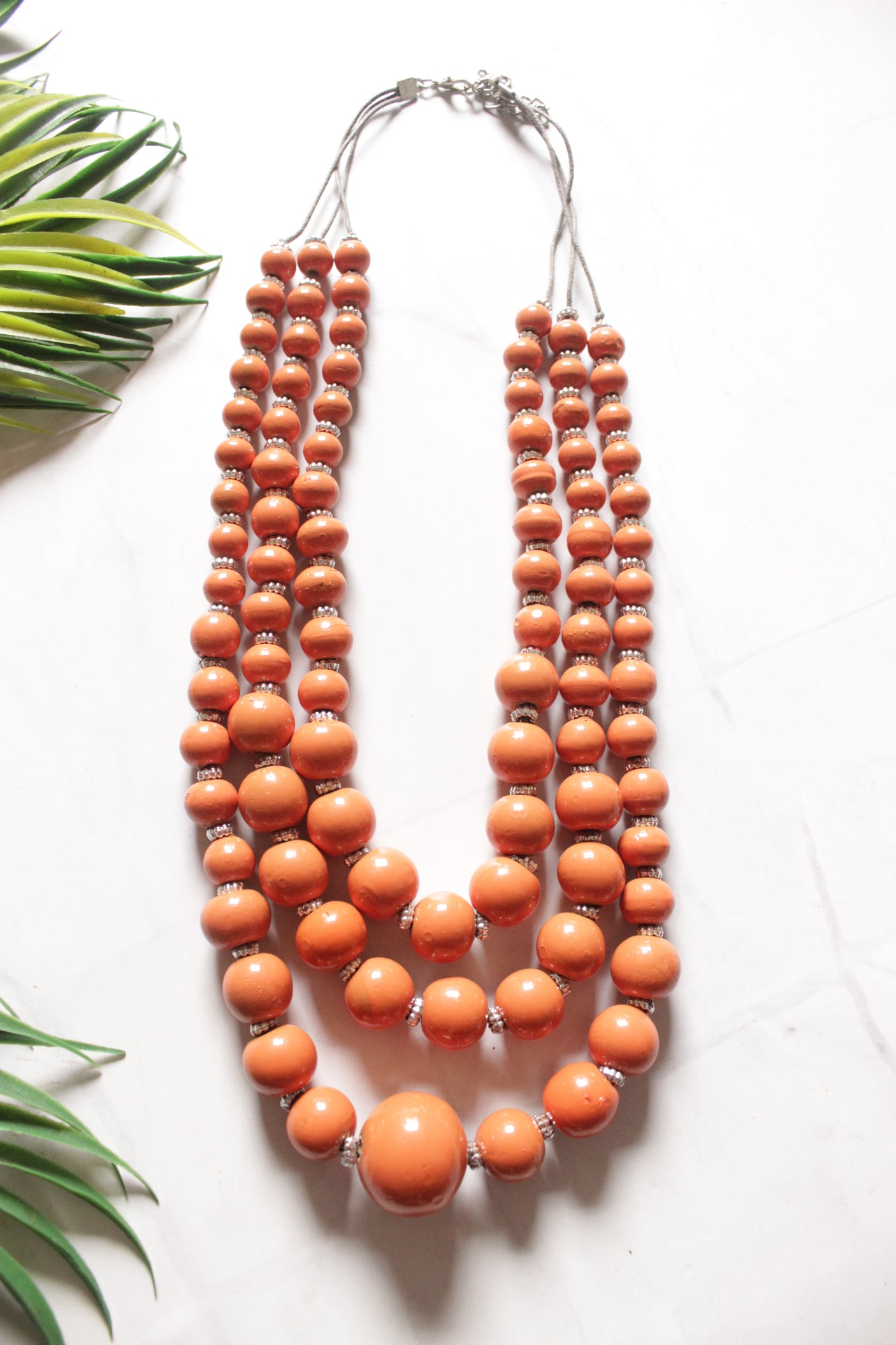 Orange Wooden Beads 3 Layer Necklace