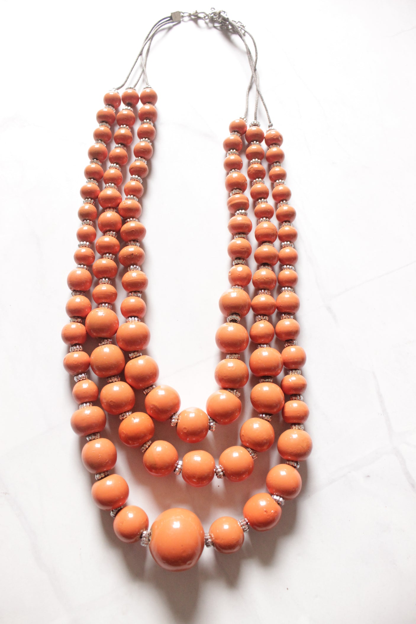 Orange Wooden Beads 3 Layer Necklace