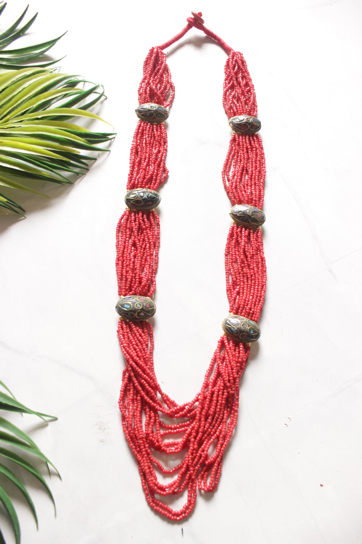 Red Seed Beads Tibetan Motifs Necklace