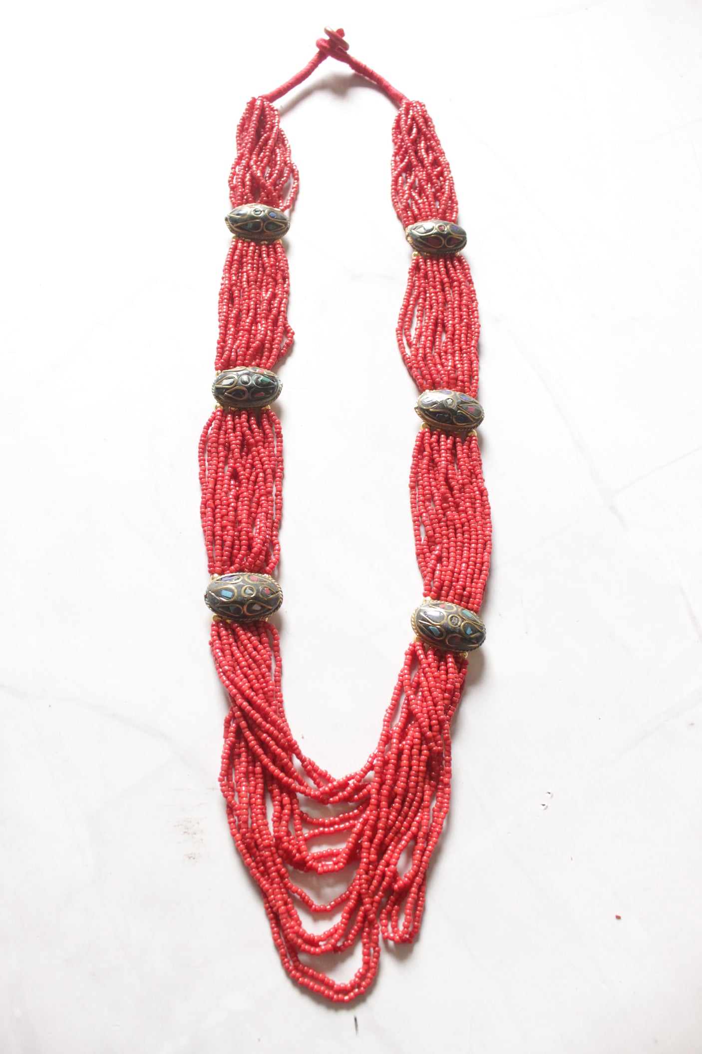 Red Seed Beads Tibetan Motifs Necklace