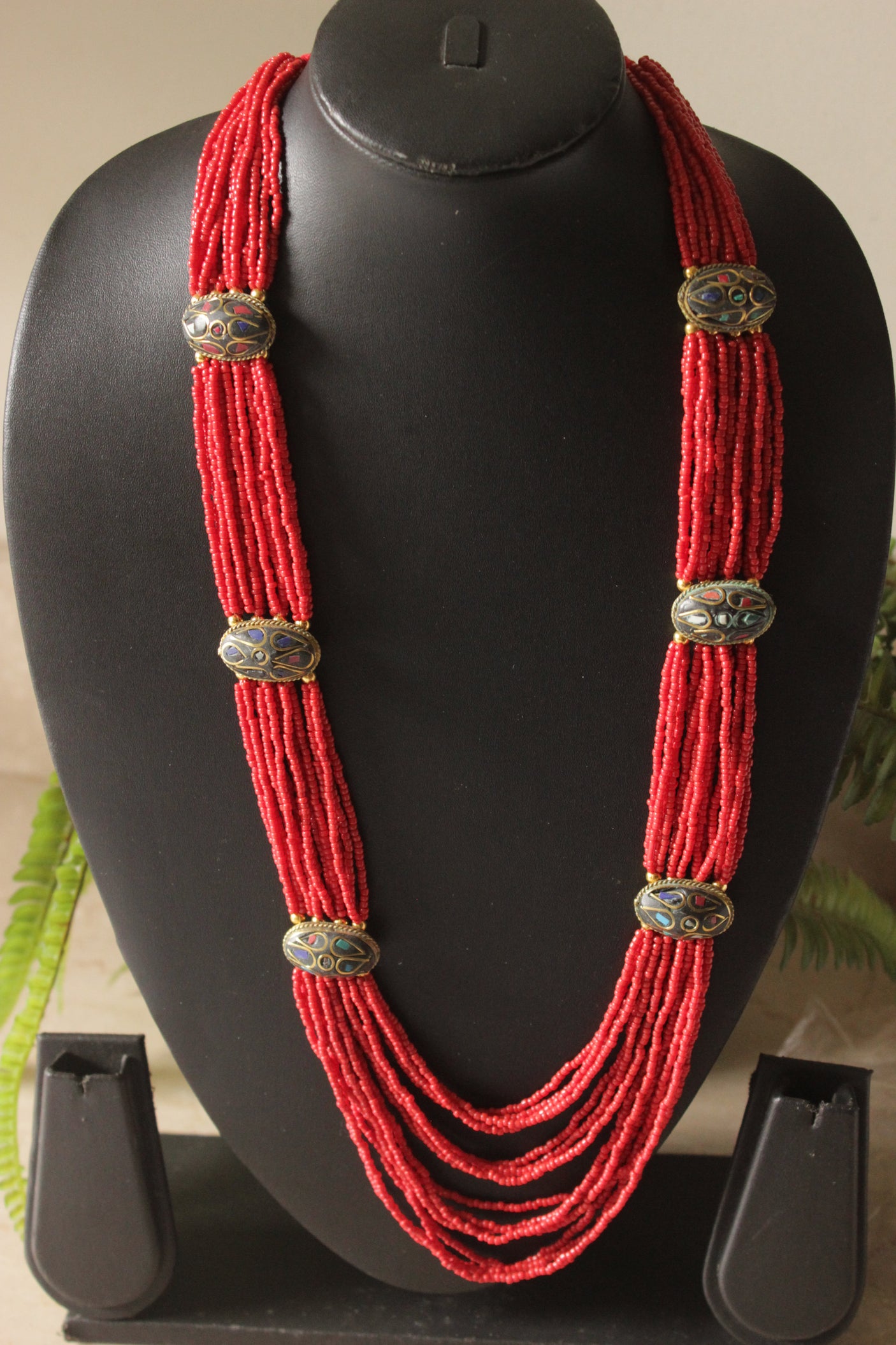 Red Seed Beads Tibetan Motifs Necklace