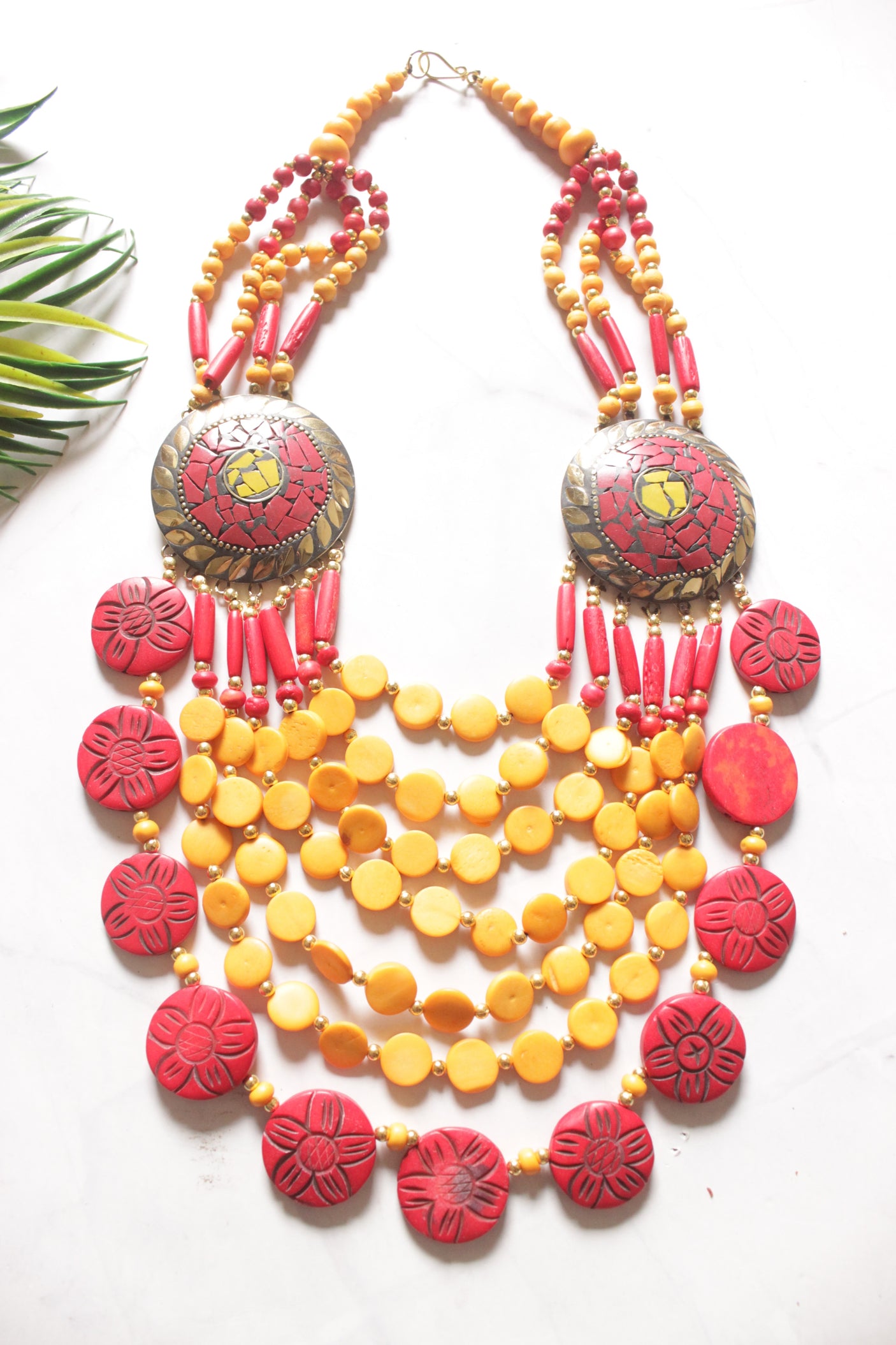 Red and Yellow Bone Beads Handcrafted Multi-Layer African Tribal Necklace