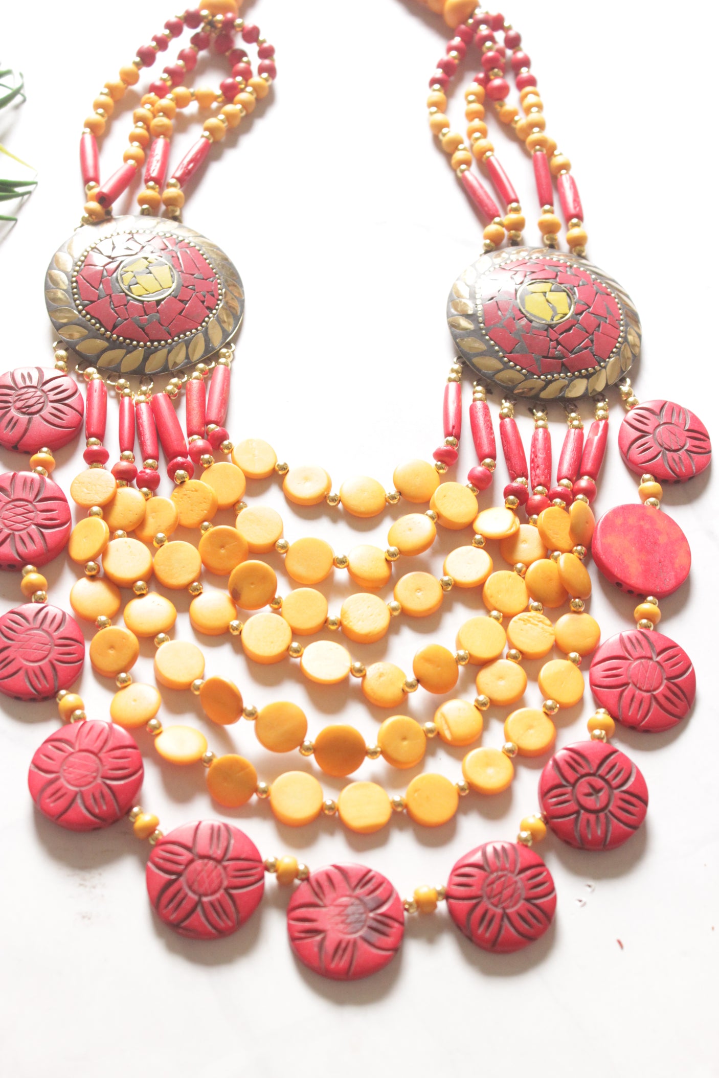 Red and Yellow Bone Beads Handcrafted Multi-Layer African Tribal Necklace