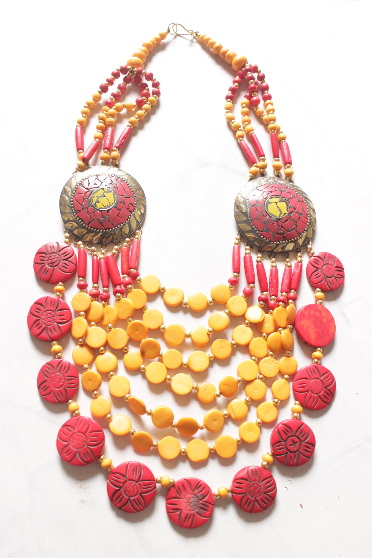 Red and Yellow Bone Beads Handcrafted Multi-Layer African Tribal Necklace