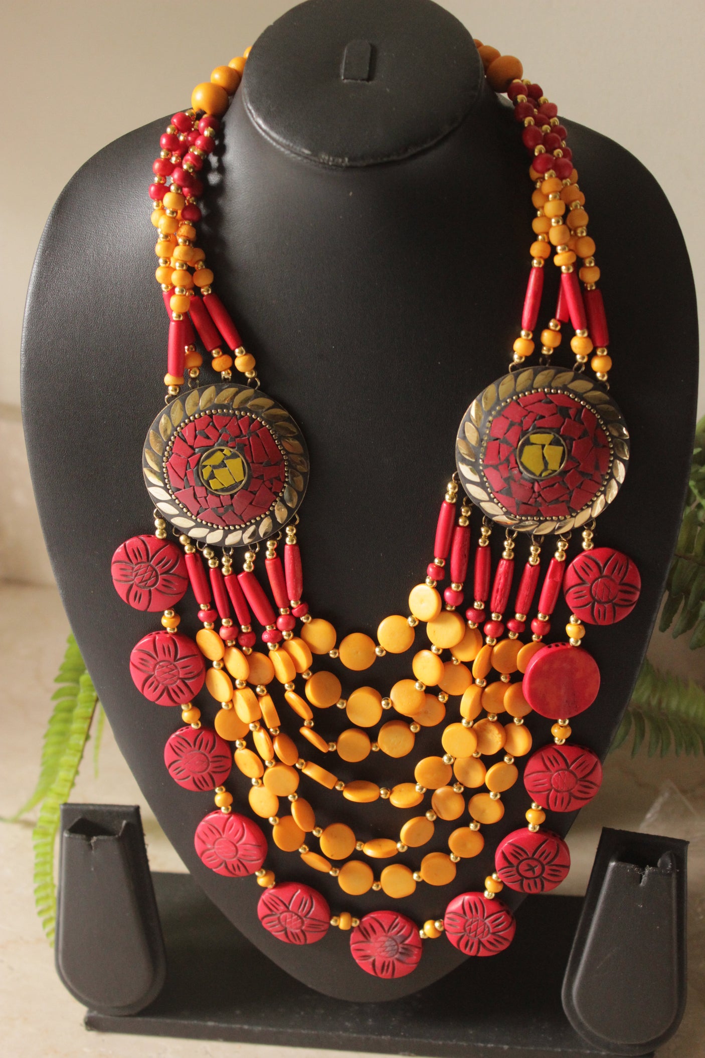 Red and Yellow Bone Beads Handcrafted Multi-Layer African Tribal Necklace