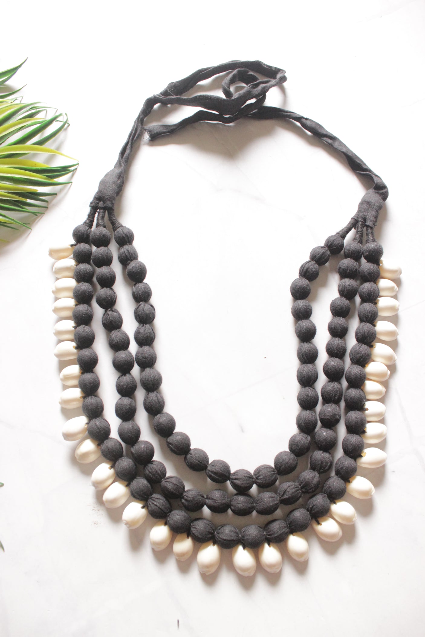 3 Layer Black Fabric Beads Handmade Necklace Set with Cowrie Details