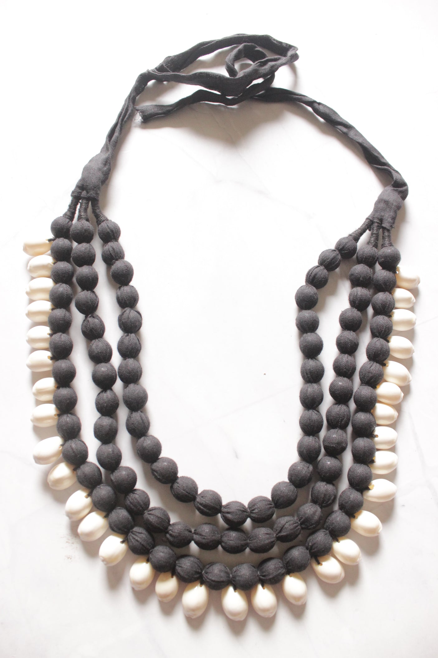3 Layer Black Fabric Beads Handmade Necklace Set with Cowrie Details