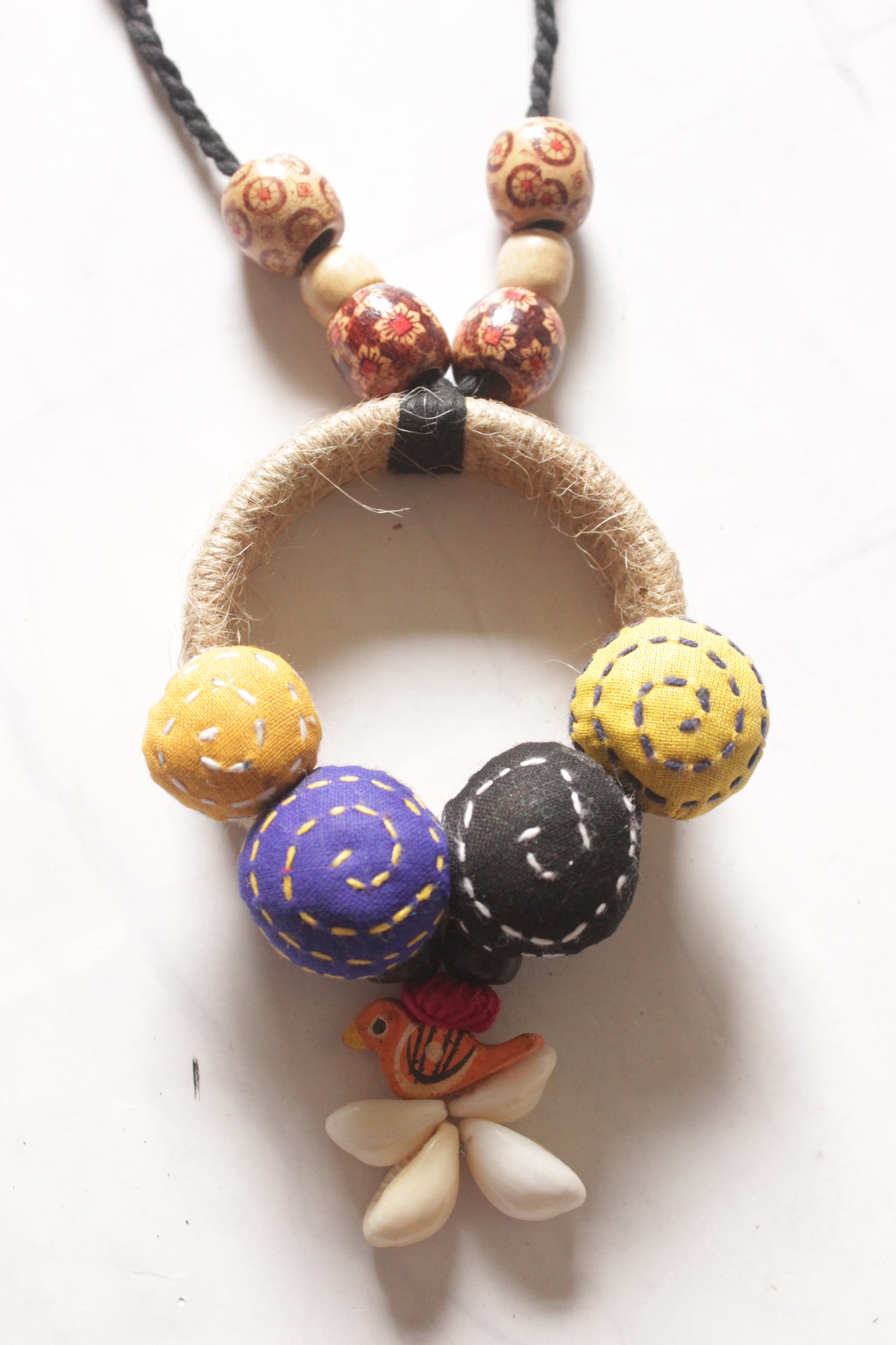 Chirping Charm Kantha Embroidered Upcycled Fabric Necklace