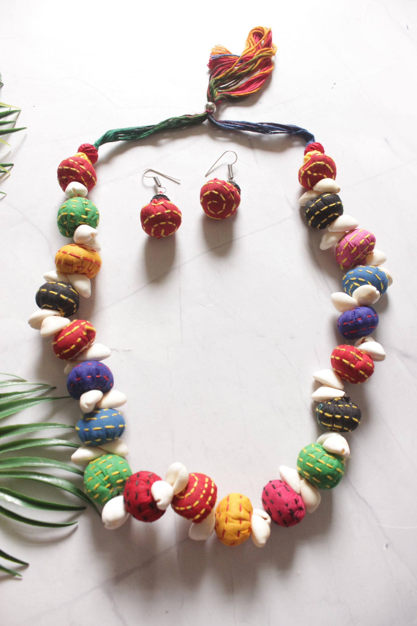 Upcycled Fabric Kantha Embroidered Handmade Necklace Set with Cowrie Details