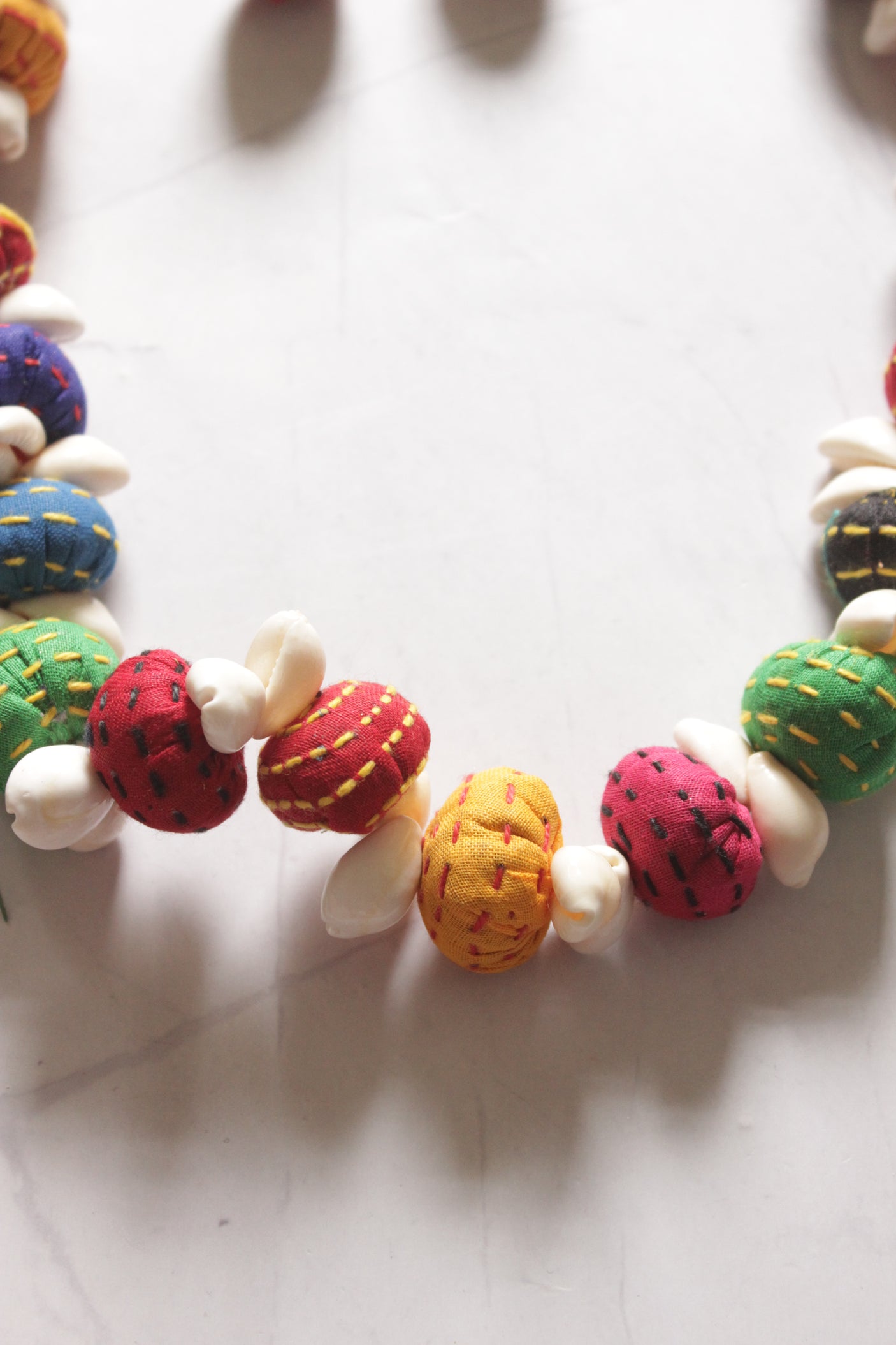 Upcycled Fabric Kantha Embroidered Handmade Necklace Set with Cowrie Details