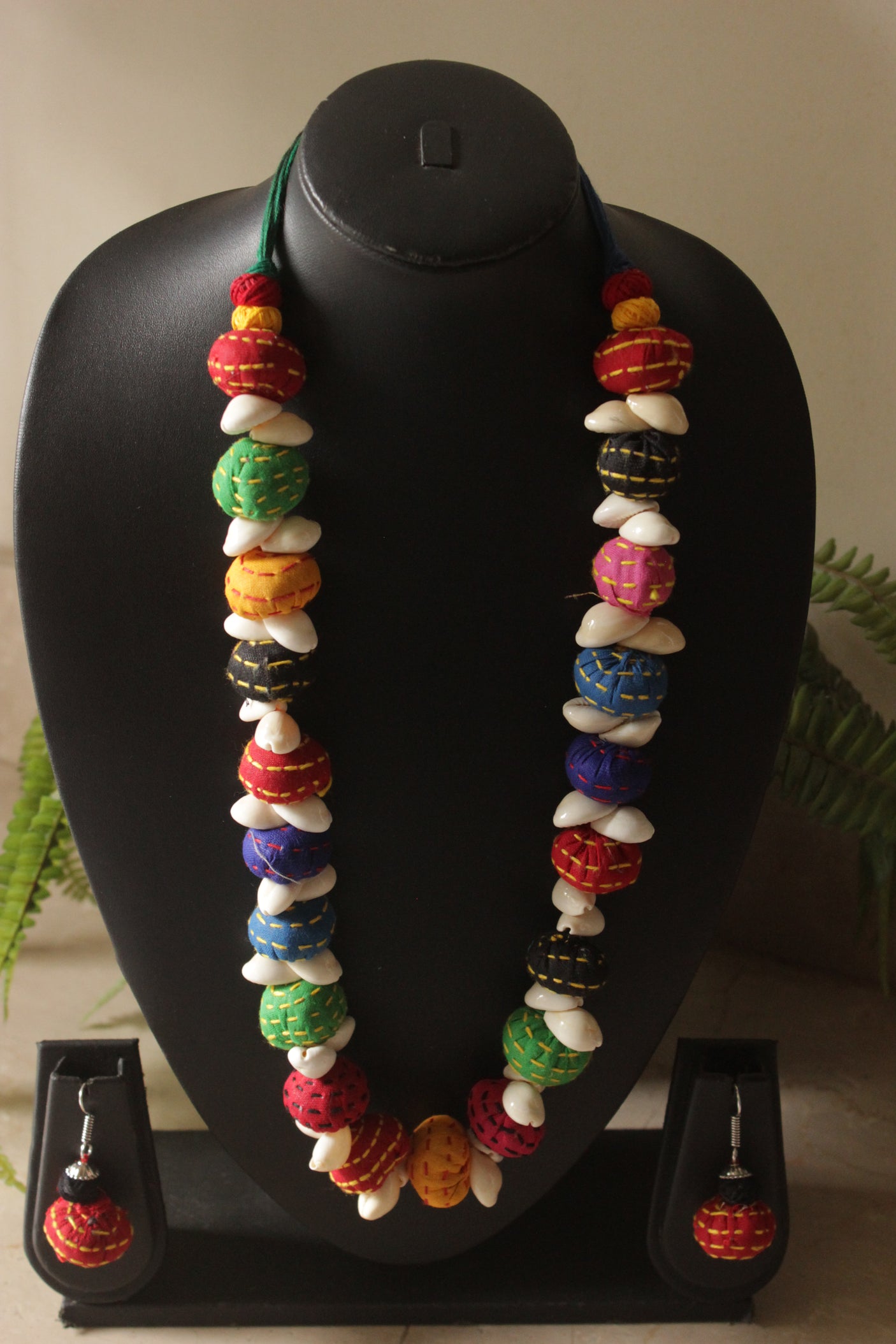 Upcycled Fabric Kantha Embroidered Handmade Necklace Set with Cowrie Details