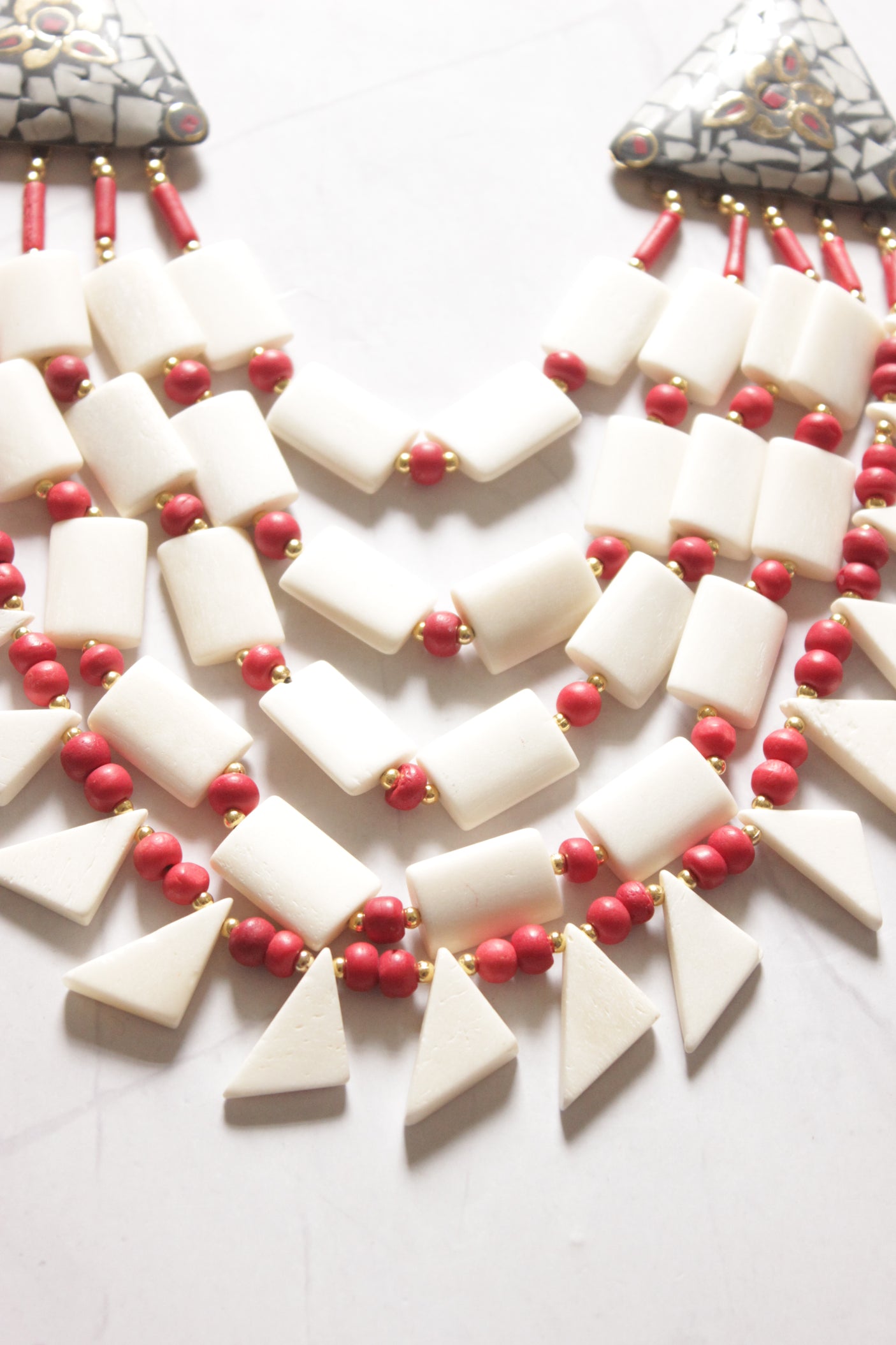 Red and White Bone Beads Handcrafted Multi-Layer African Tribal Necklace