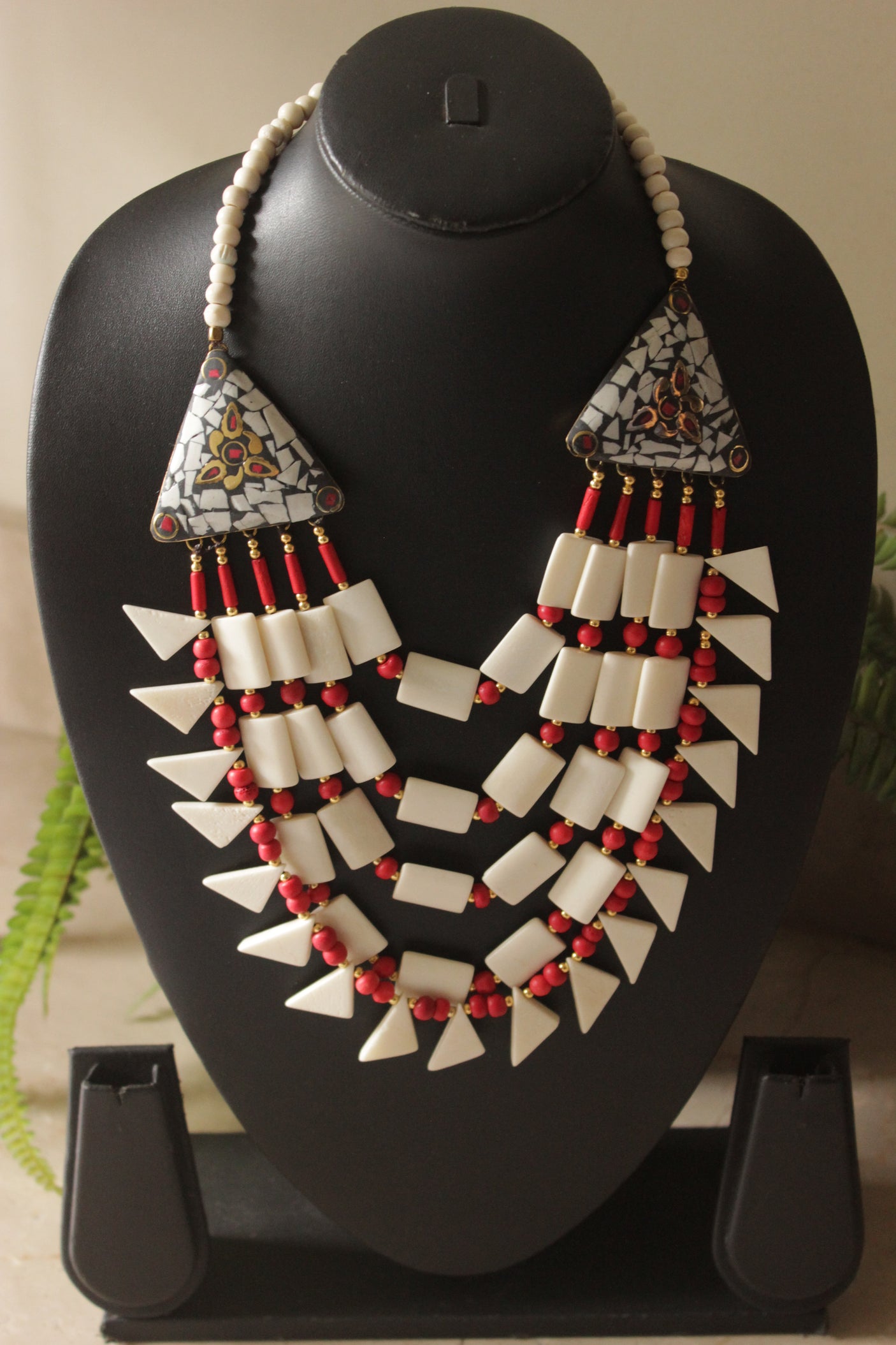 Red and White Bone Beads Handcrafted Multi-Layer African Tribal Necklace
