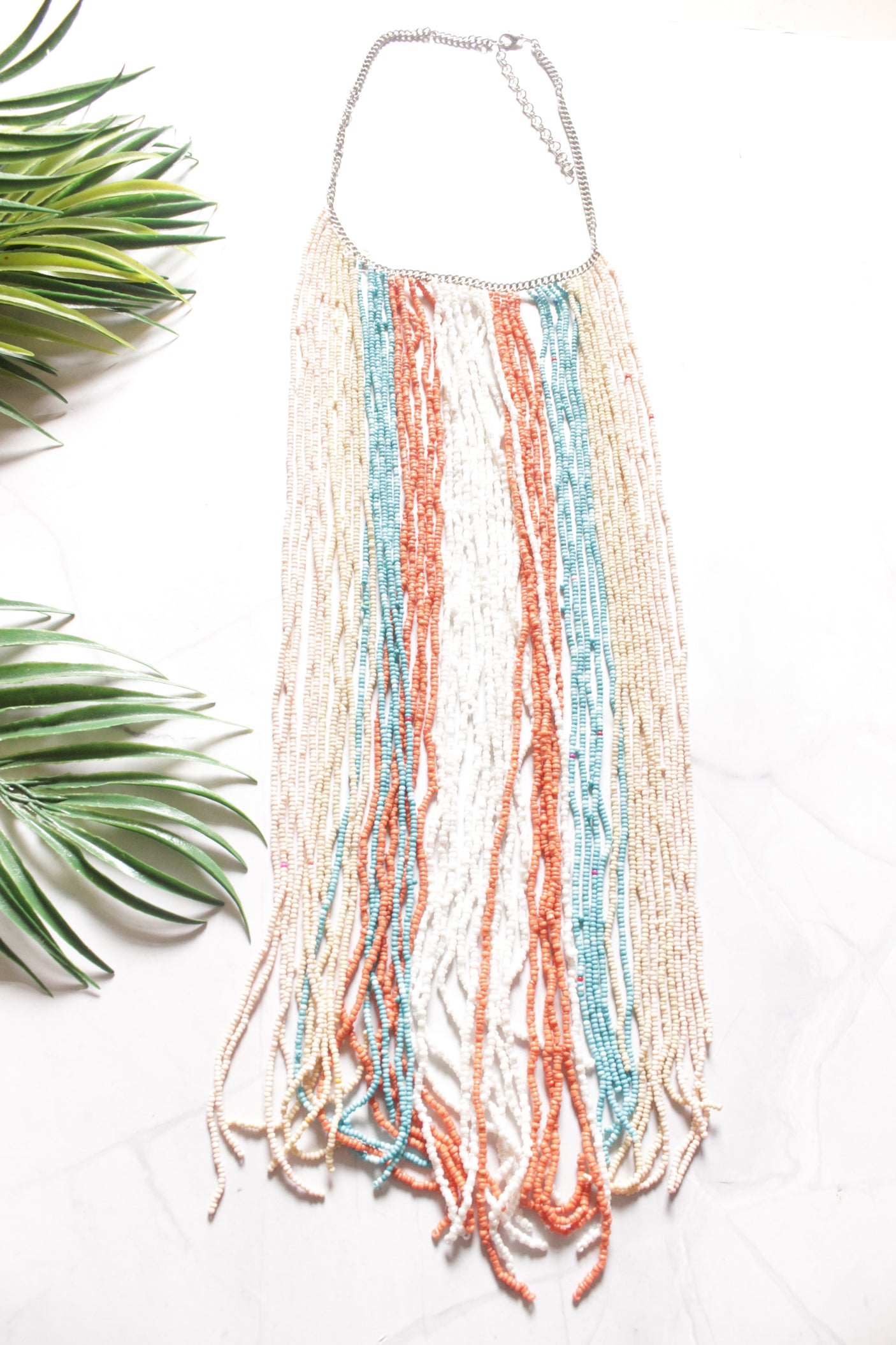 Beige & Multi-Color Beads Statement Handmade Long Boho Choker Necklace