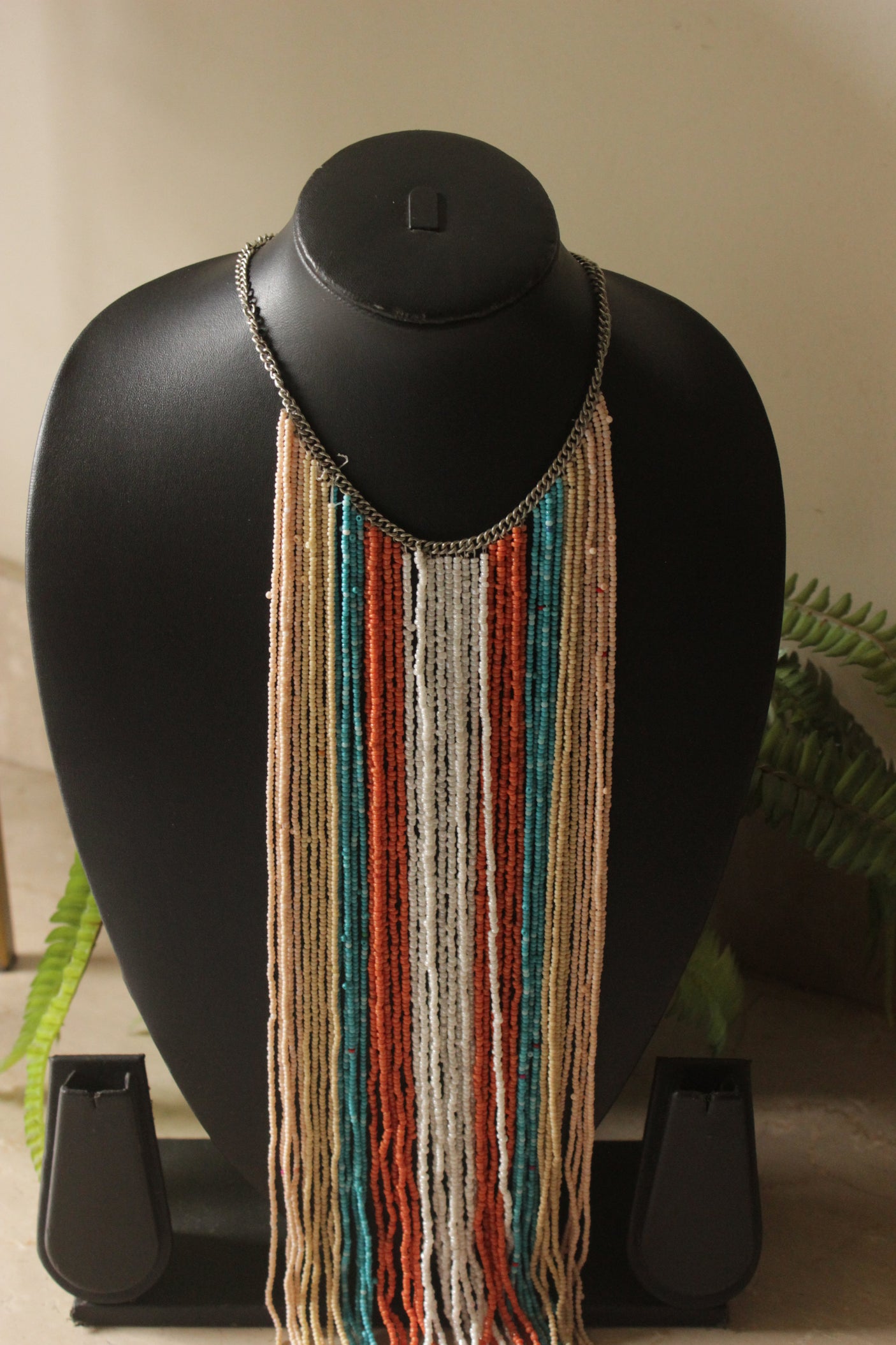 Beige & Multi-Color Beads Statement Handmade Long Boho Choker Necklace