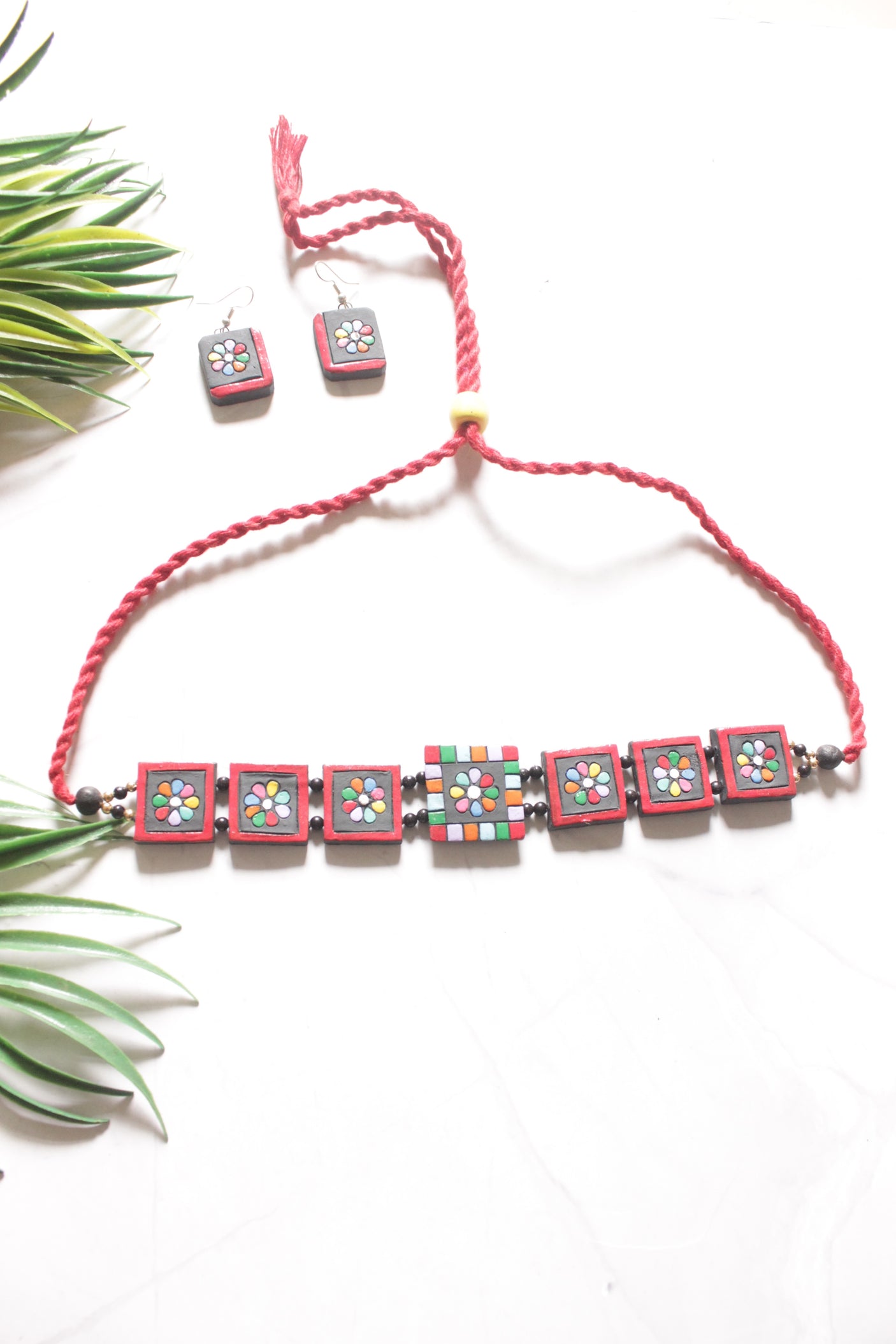 Black & Red Hand Painted Terracotta Clay Necklace Set