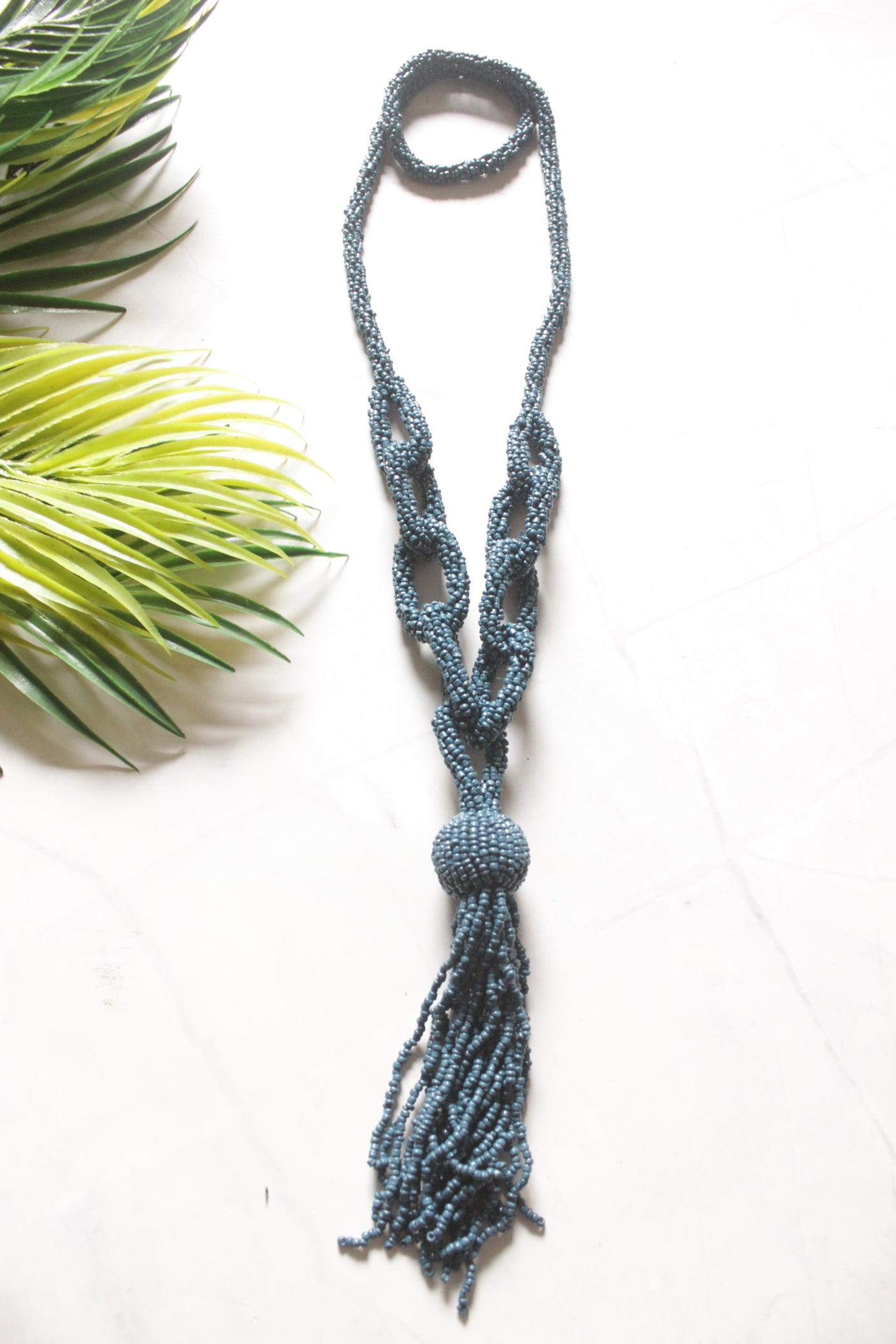 Slate Blue Hand Beaded Long Necklace