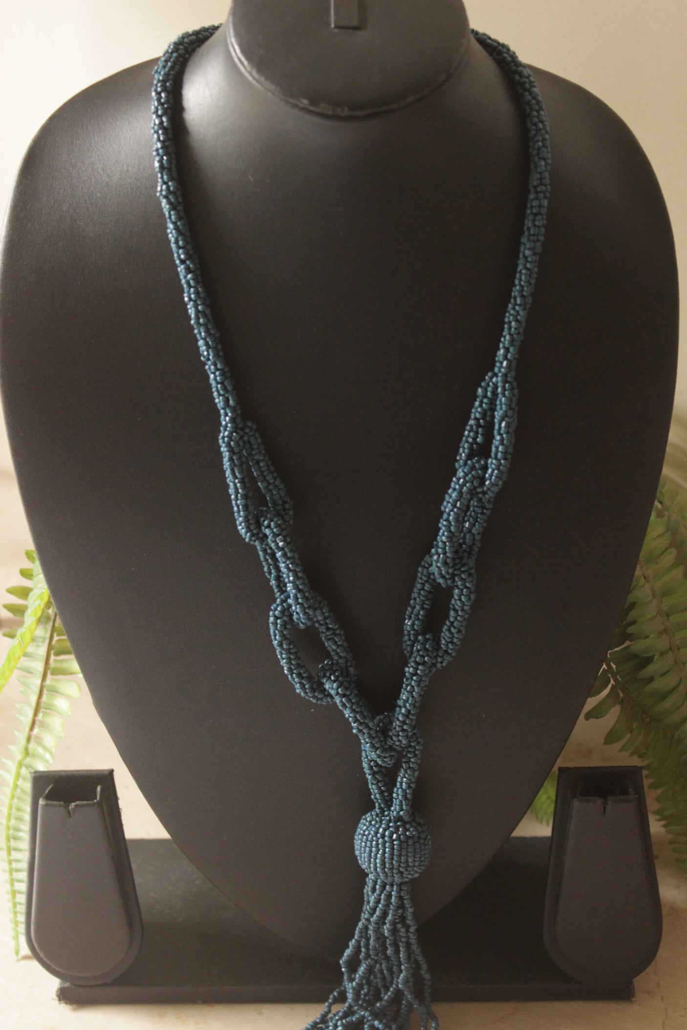 Slate Blue Hand Beaded Long Necklace