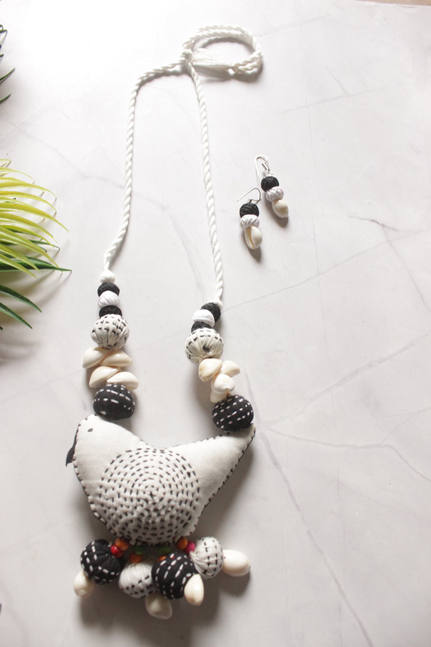 Kantha Embroidered White and Black Fabric Handmade Necklace